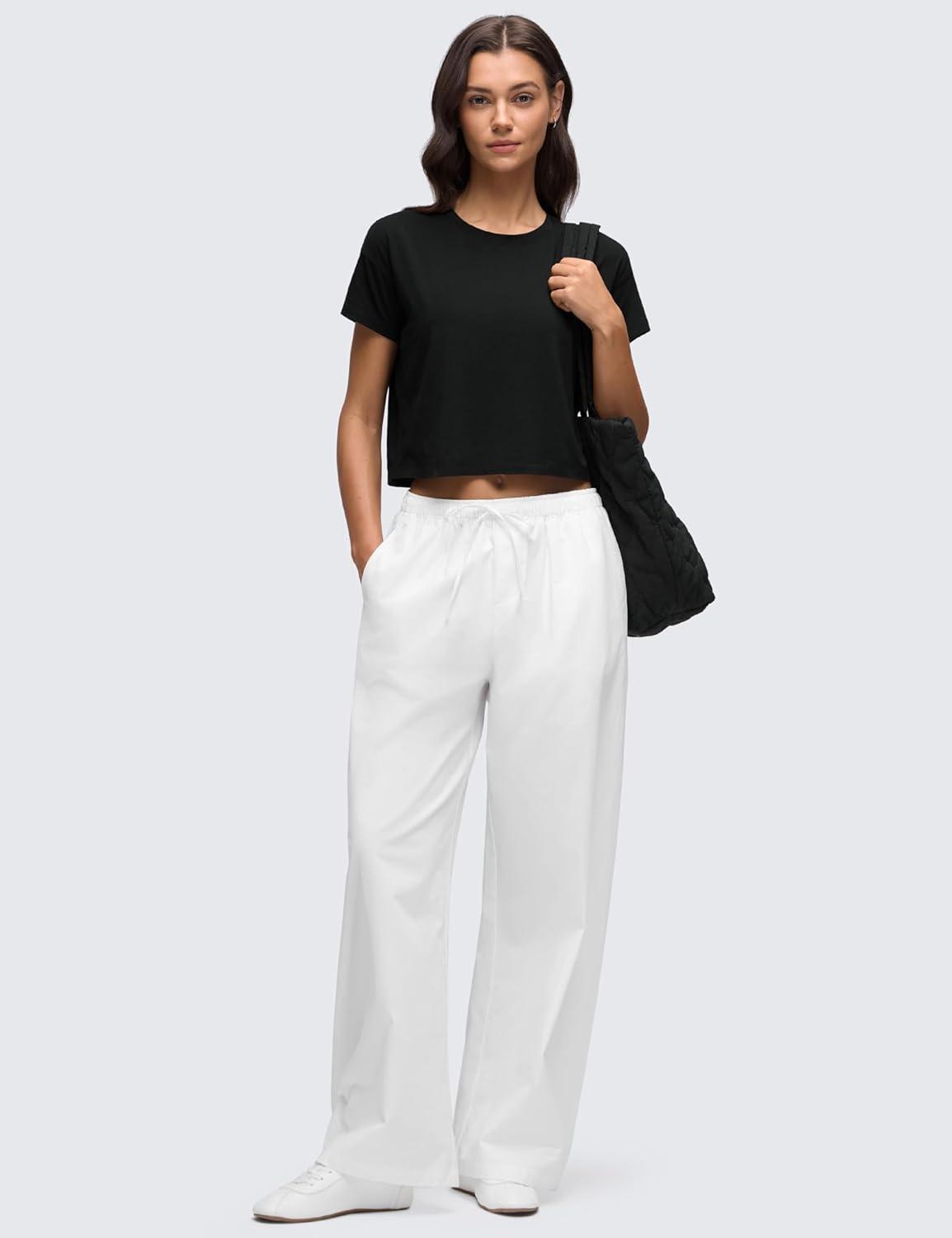 imageCRZ YOGA Pima Cotton Relaxed Crop TShirts for Women Workout Athletic Gym Casual Short Sleeve Shirts Loose Crewneck TopsBlack