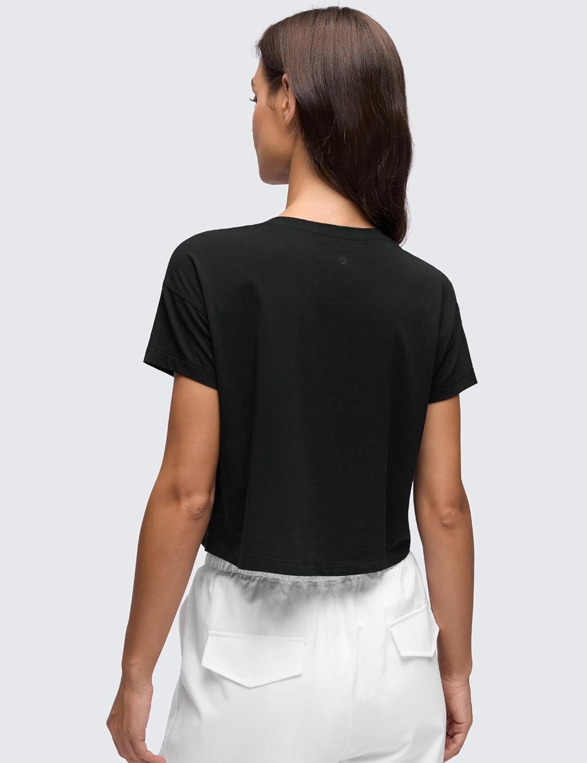 imageCRZ YOGA Pima Cotton Relaxed Crop TShirts for Women Workout Athletic Gym Casual Short Sleeve Shirts Loose Crewneck TopsBlack