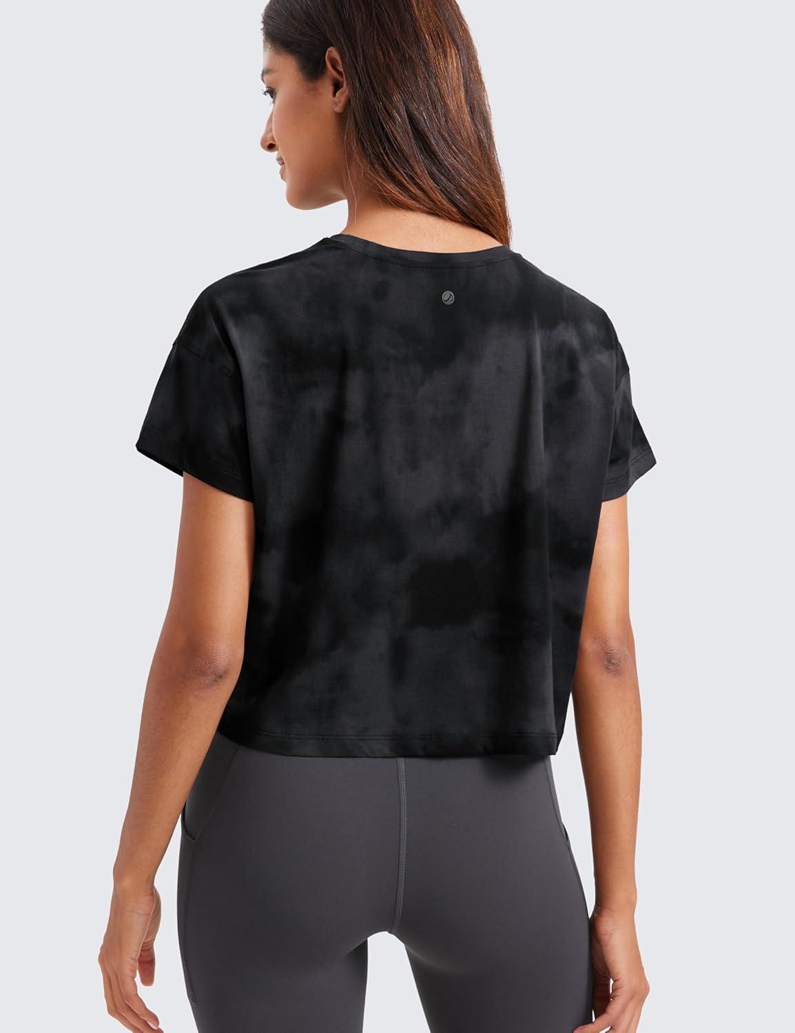 imageCRZ YOGA Pima Cotton Relaxed Crop TShirts for Women Workout Athletic Gym Casual Short Sleeve Shirts Loose Crewneck TopsBlack Tie Dye Flowers