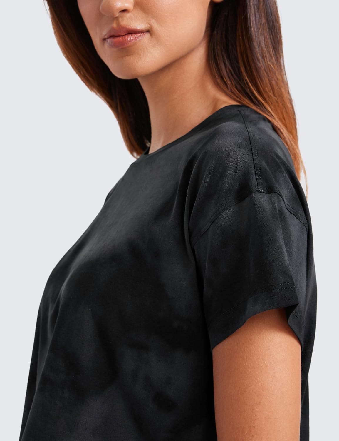 imageCRZ YOGA Pima Cotton Relaxed Crop TShirts for Women Workout Athletic Gym Casual Short Sleeve Shirts Loose Crewneck TopsBlack Tie Dye Flowers