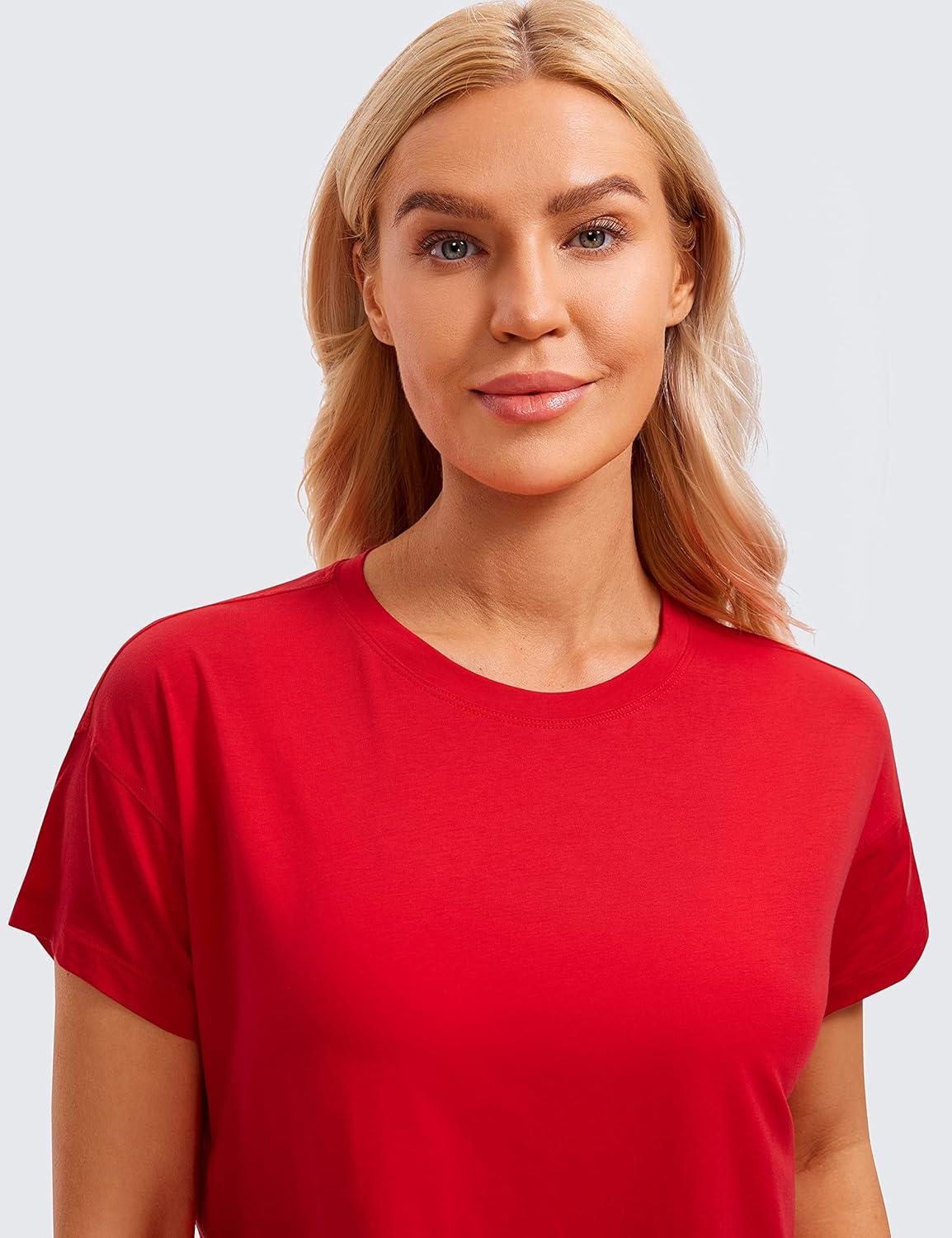 imageCRZ YOGA Pima Cotton Relaxed Crop TShirts for Women Workout Athletic Gym Casual Short Sleeve Shirts Loose Crewneck TopsFestival Red