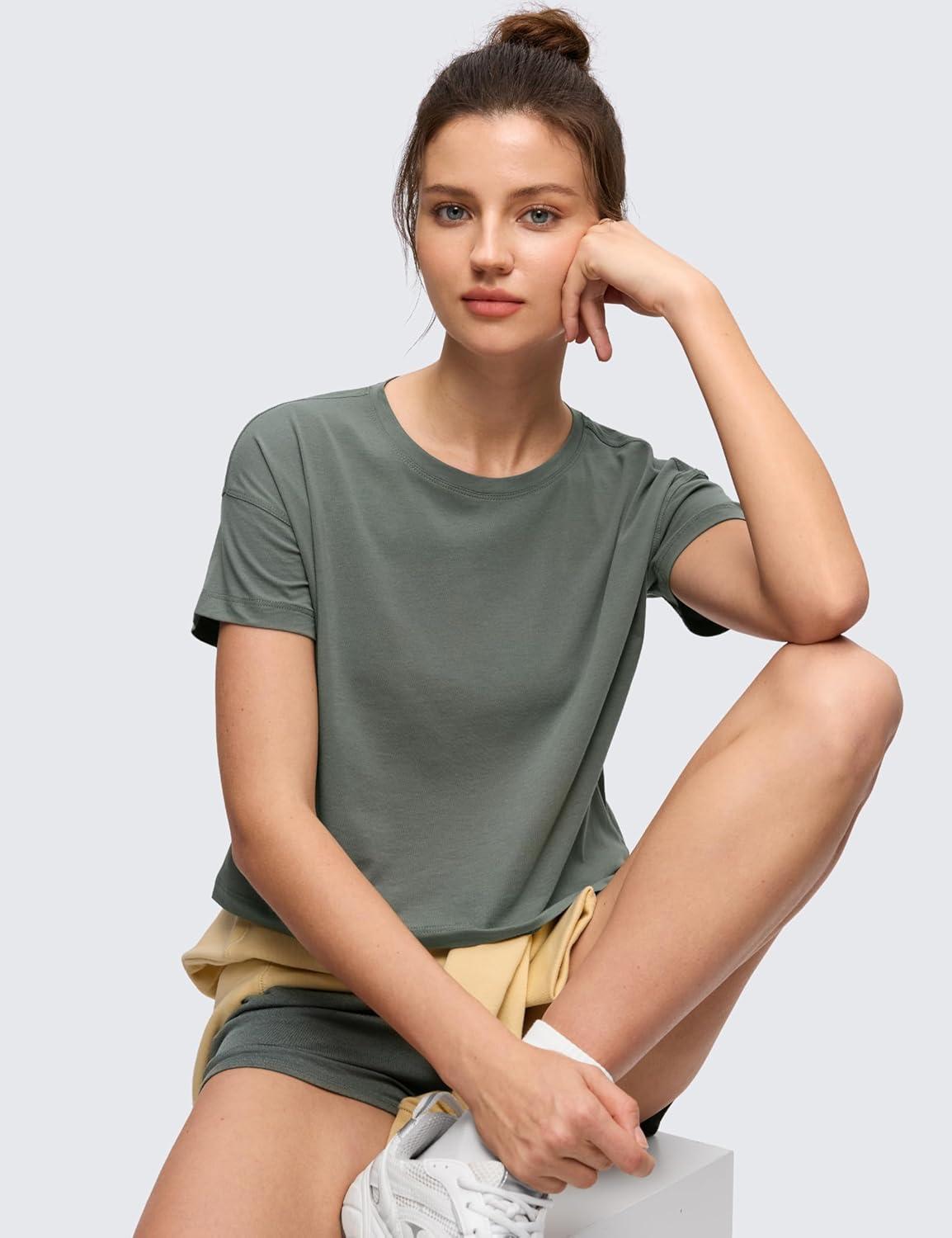 imageCRZ YOGA Pima Cotton Relaxed Crop TShirts for Women Workout Athletic Gym Casual Short Sleeve Shirts Loose Crewneck TopsGrey Sage