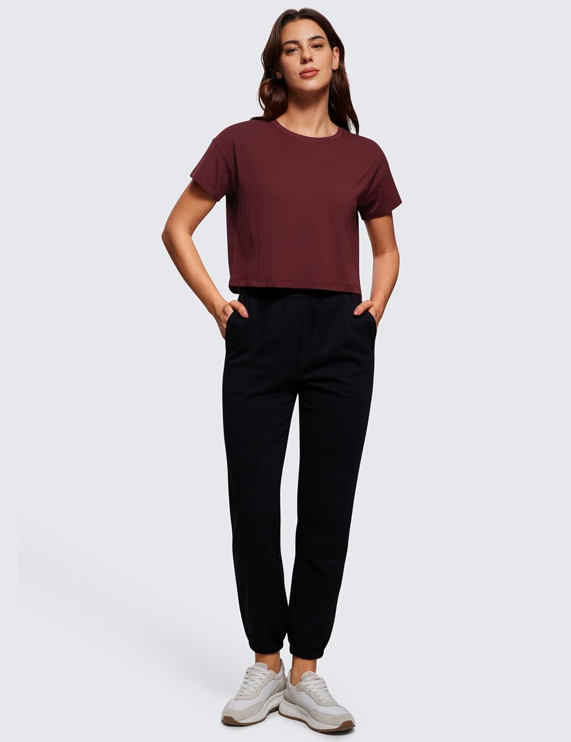 imageCRZ YOGA Pima Cotton Relaxed Crop TShirts for Women Workout Athletic Gym Casual Short Sleeve Shirts Loose Crewneck TopsRed Merlot
