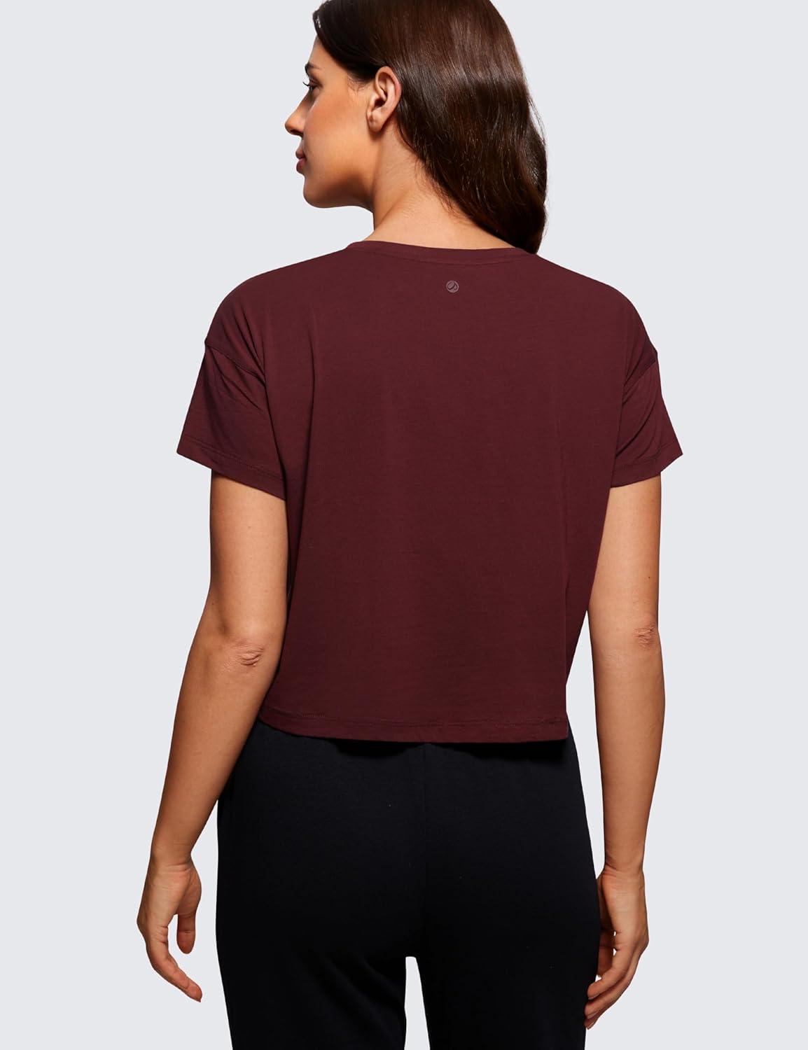 imageCRZ YOGA Pima Cotton Relaxed Crop TShirts for Women Workout Athletic Gym Casual Short Sleeve Shirts Loose Crewneck TopsRed Merlot