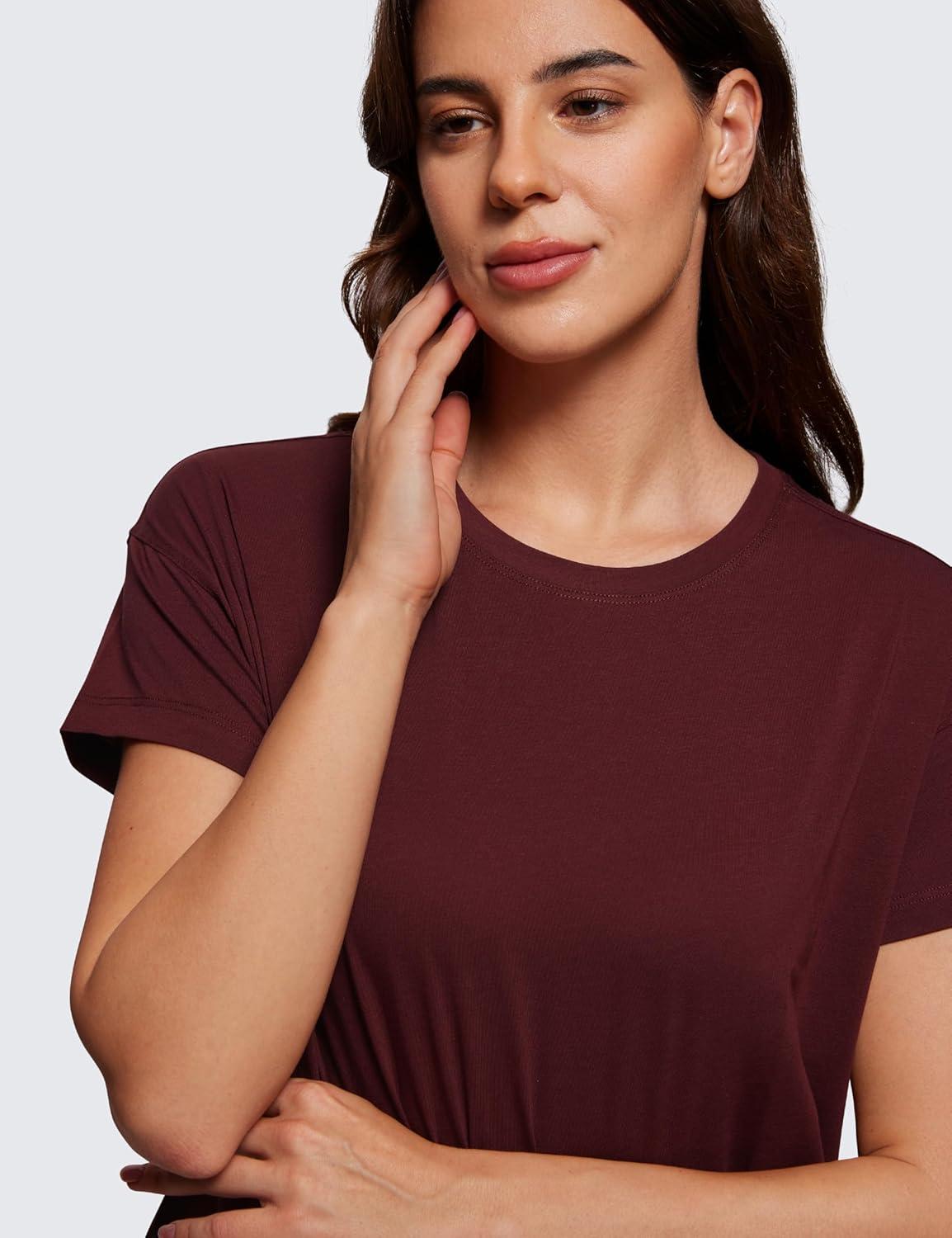 imageCRZ YOGA Pima Cotton Relaxed Crop TShirts for Women Workout Athletic Gym Casual Short Sleeve Shirts Loose Crewneck TopsRed Merlot