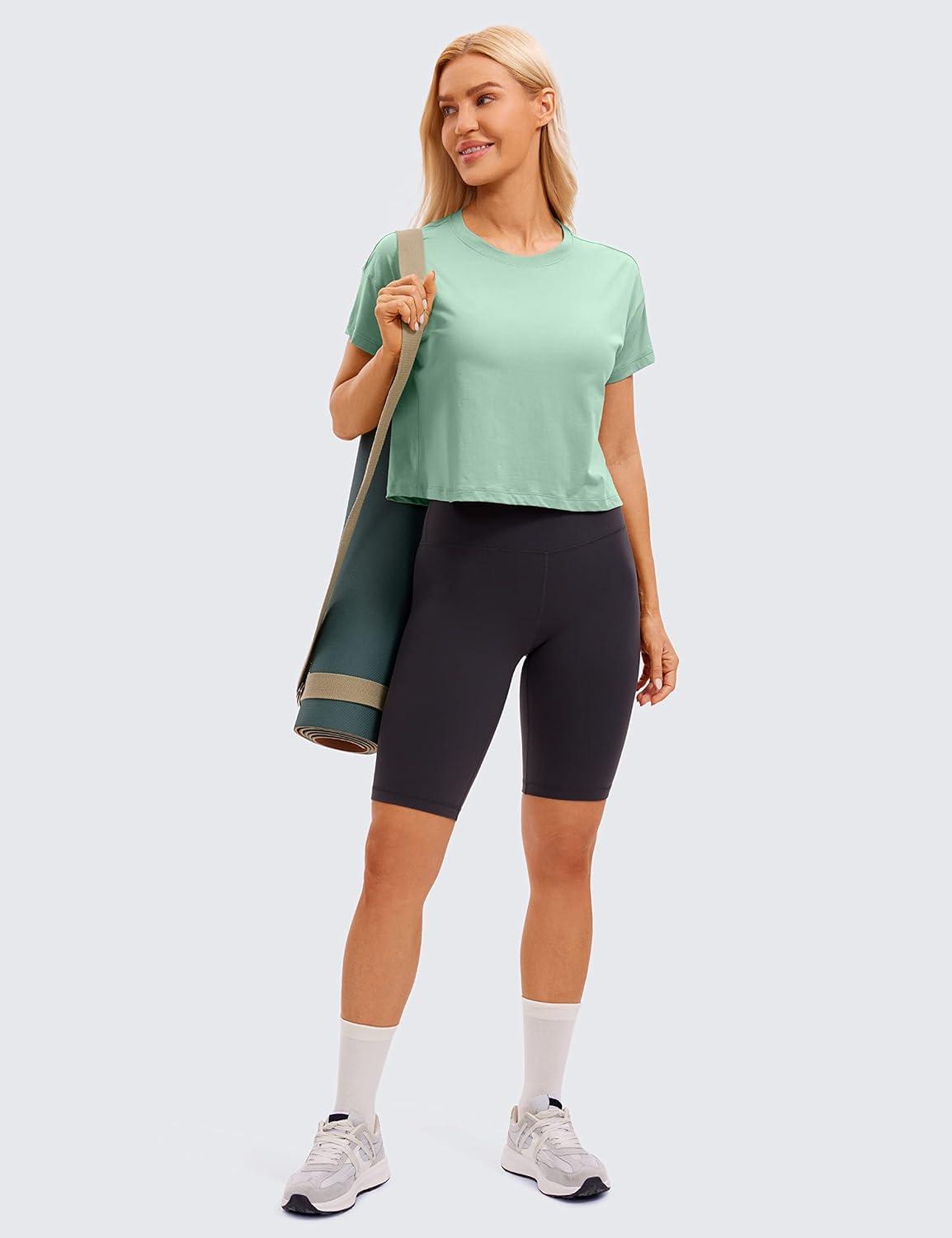 imageCRZ YOGA Pima Cotton Relaxed Crop TShirts for Women Workout Athletic Gym Casual Short Sleeve Shirts Loose Crewneck TopsSoft Seagrass