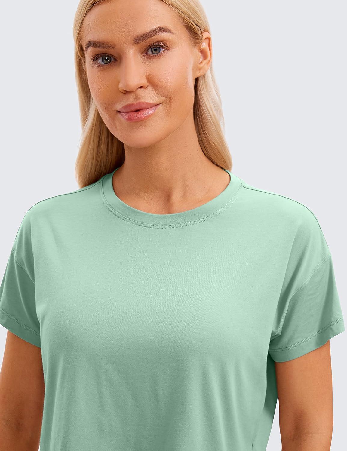 imageCRZ YOGA Pima Cotton Relaxed Crop TShirts for Women Workout Athletic Gym Casual Short Sleeve Shirts Loose Crewneck TopsSoft Seagrass