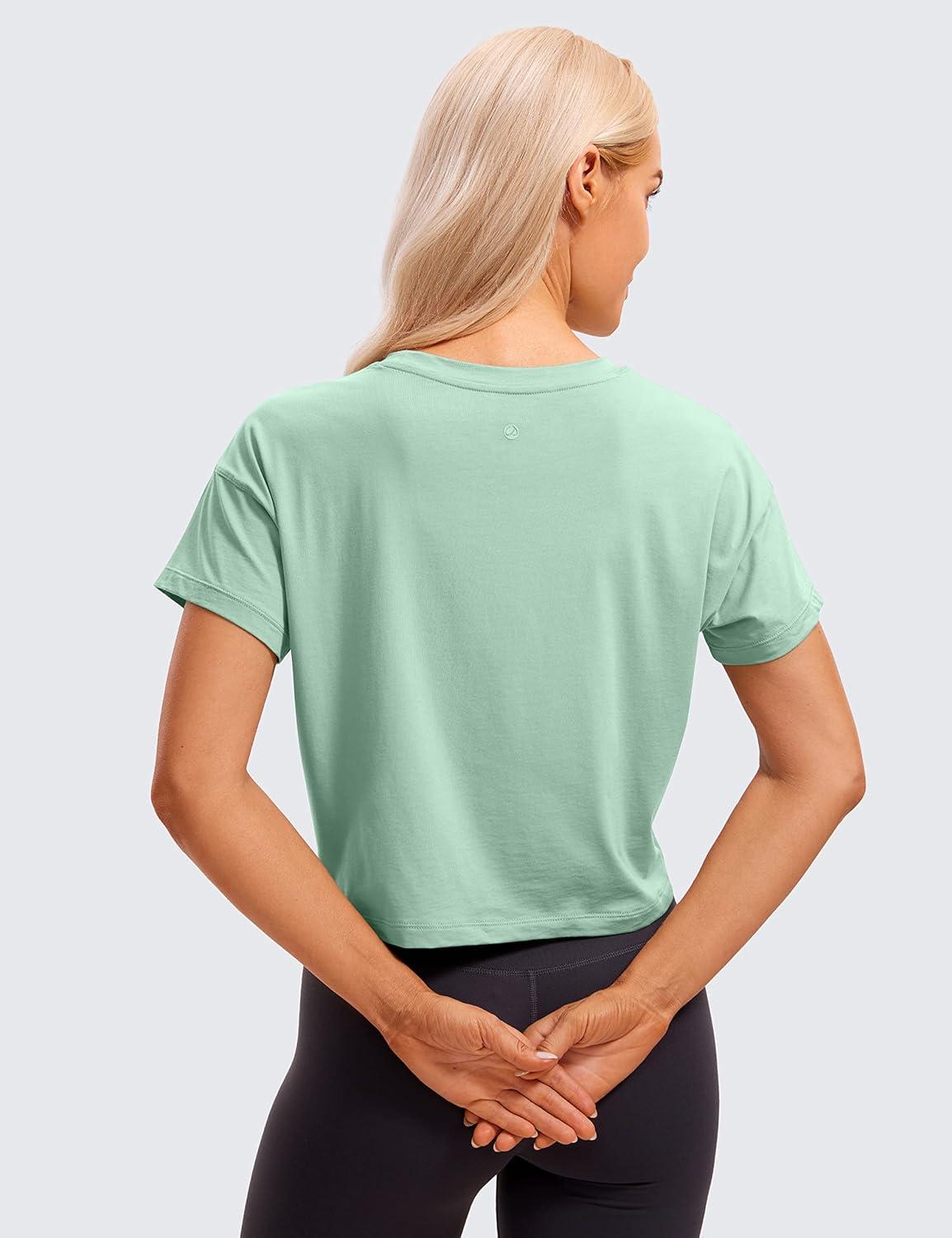 imageCRZ YOGA Pima Cotton Relaxed Crop TShirts for Women Workout Athletic Gym Casual Short Sleeve Shirts Loose Crewneck TopsSoft Seagrass