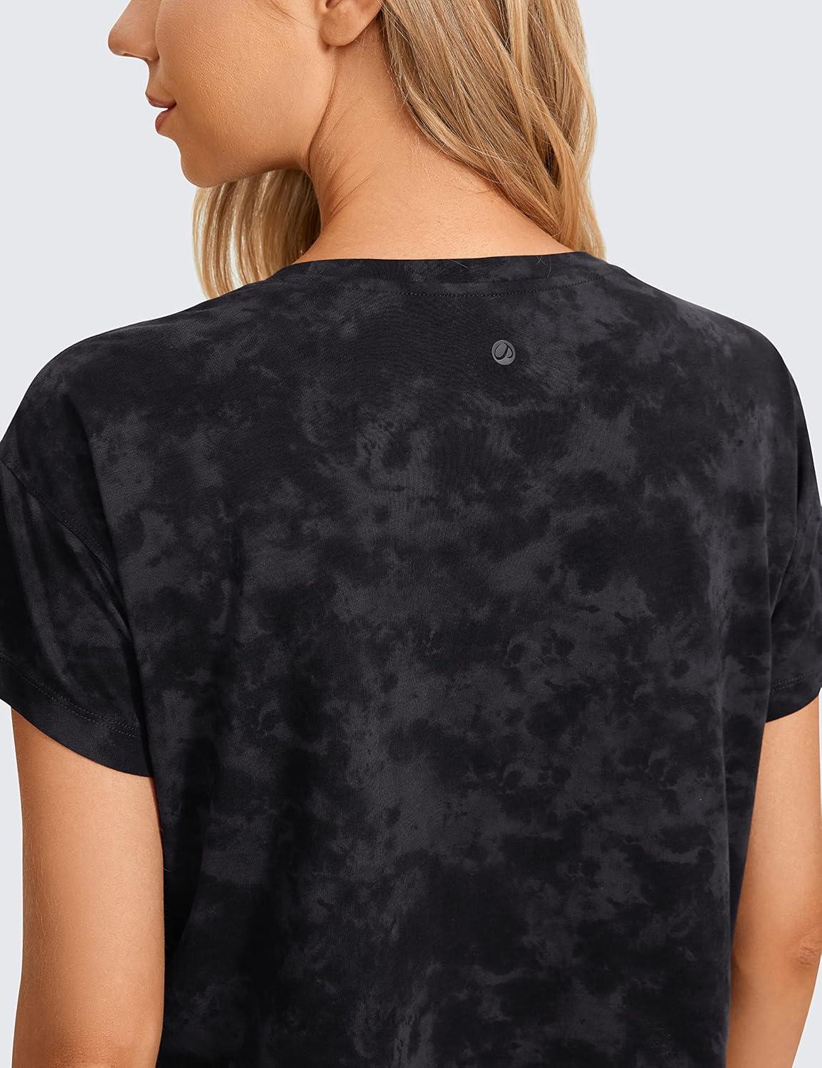 imageCRZ YOGA Pima Cotton Relaxed Crop TShirts for Women Workout Athletic Gym Casual Short Sleeve Shirts Loose Crewneck TopsTie Dye Smoke Ink