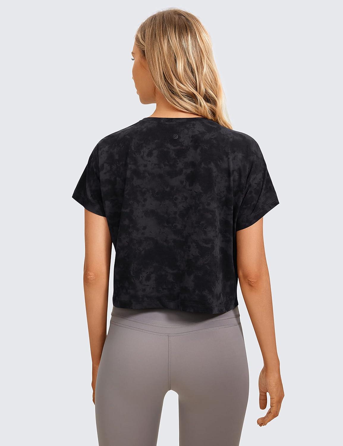 imageCRZ YOGA Pima Cotton Relaxed Crop TShirts for Women Workout Athletic Gym Casual Short Sleeve Shirts Loose Crewneck TopsTie Dye Smoke Ink