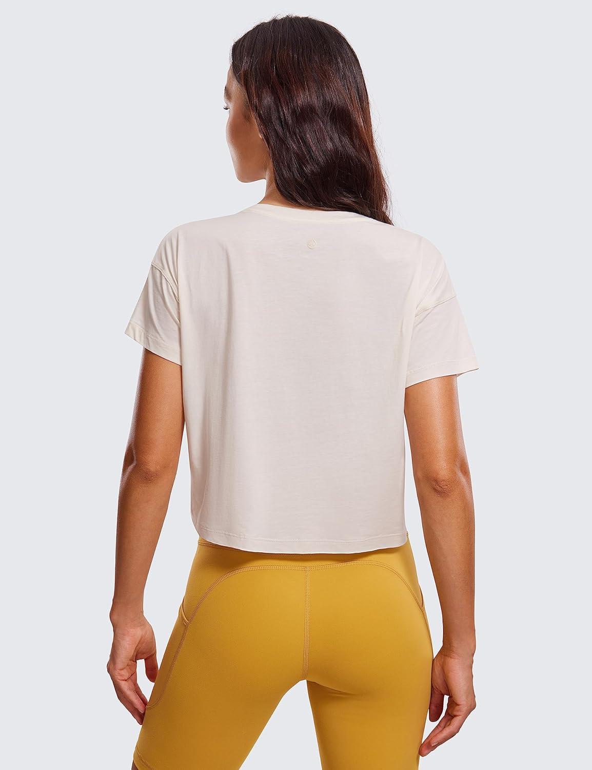 imageCRZ YOGA Pima Cotton Relaxed Crop TShirts for Women Workout Athletic Gym Casual Short Sleeve Shirts Loose Crewneck TopsWhite Apricot