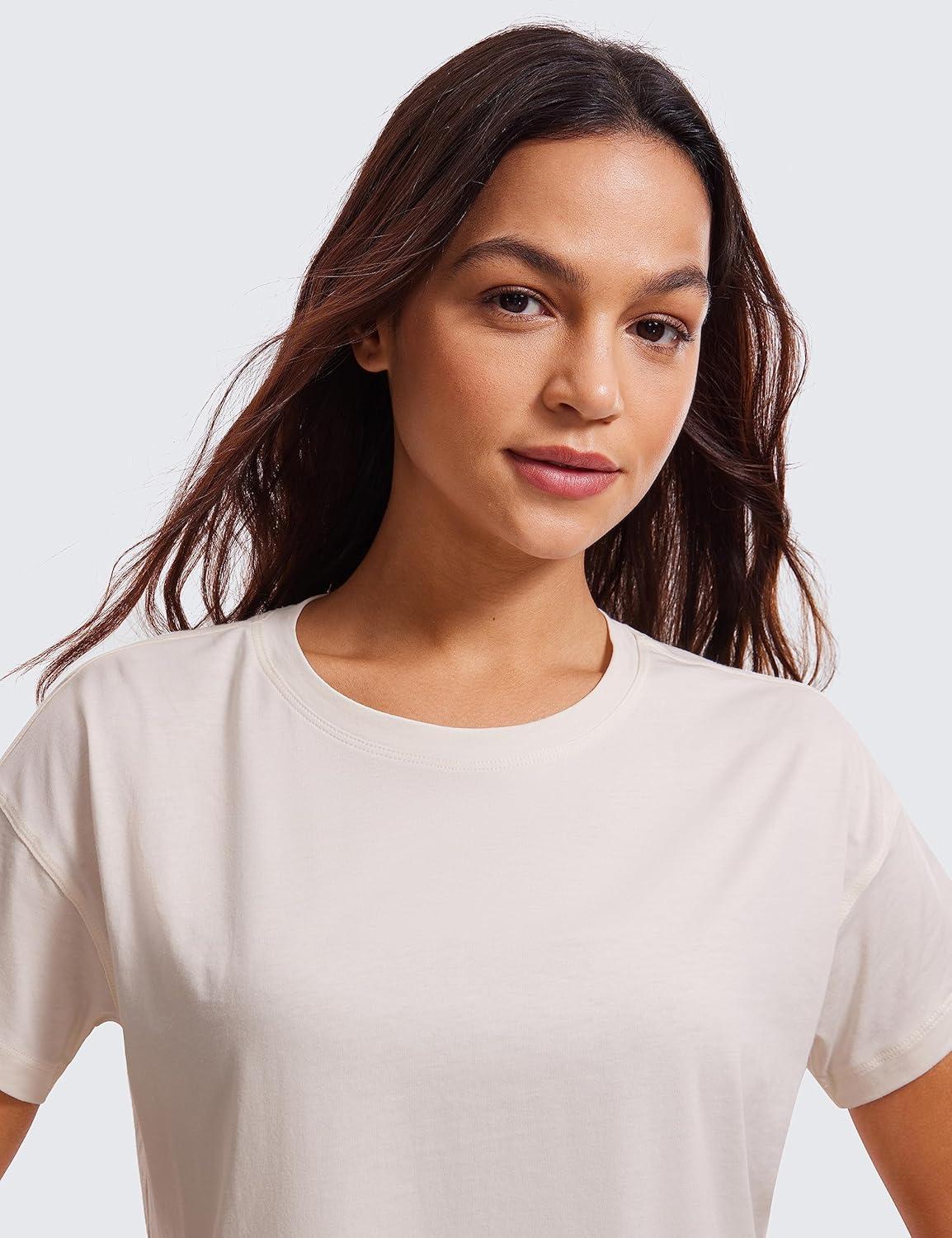 imageCRZ YOGA Pima Cotton Relaxed Crop TShirts for Women Workout Athletic Gym Casual Short Sleeve Shirts Loose Crewneck TopsWhite Apricot