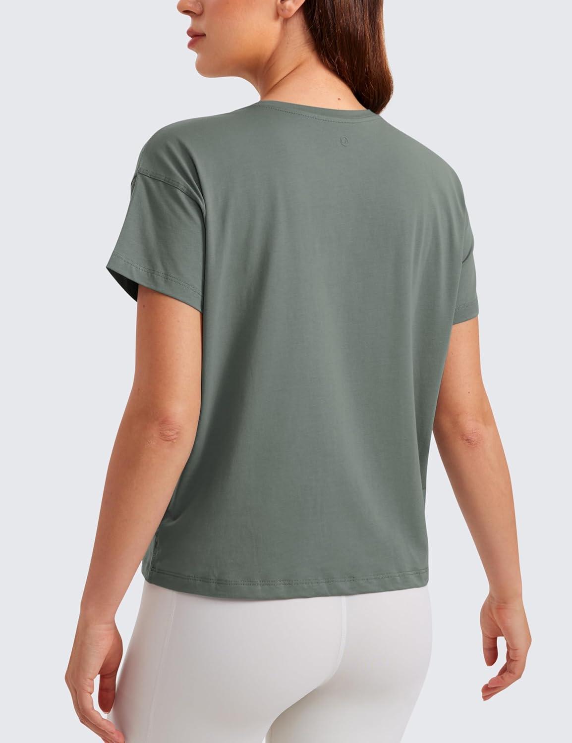 imageCRZ YOGA Pima Cotton Relaxed TShirts for Women Workout Athletic Gym Casual Short Sleeve Shirts Basic Crewneck Hip TopsGrey Sage