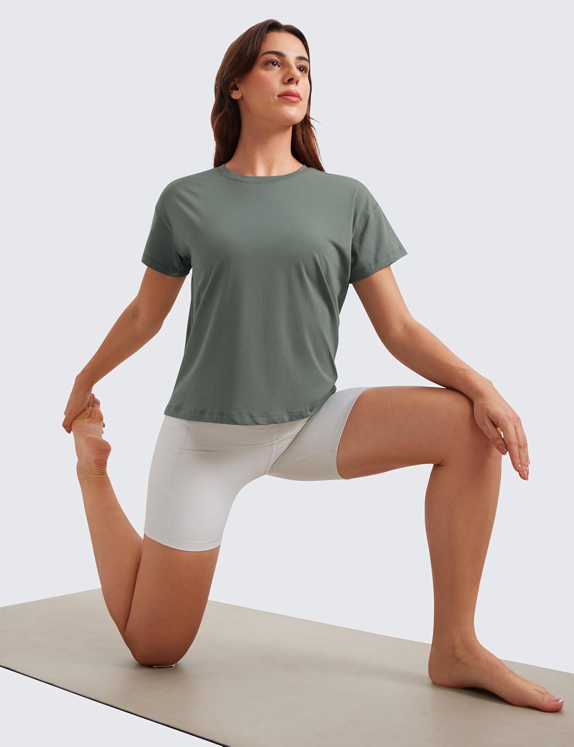 imageCRZ YOGA Pima Cotton Relaxed TShirts for Women Workout Athletic Gym Casual Short Sleeve Shirts Basic Crewneck Hip TopsGrey Sage