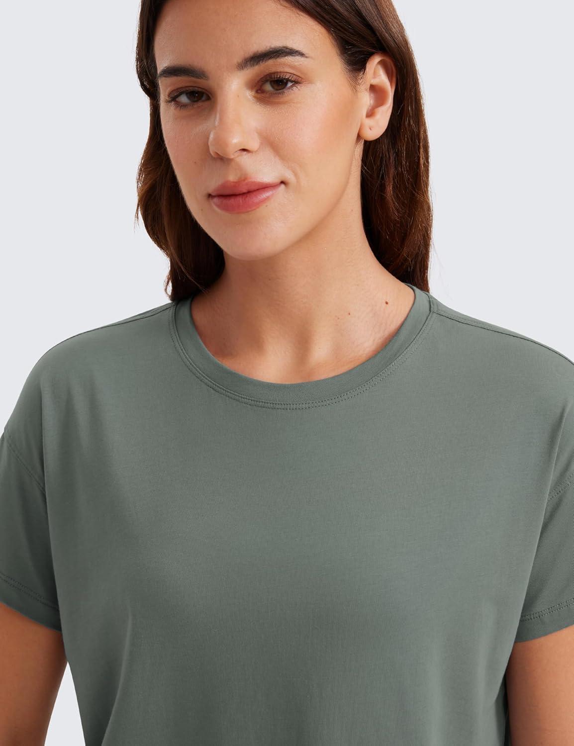 imageCRZ YOGA Pima Cotton Relaxed TShirts for Women Workout Athletic Gym Casual Short Sleeve Shirts Basic Crewneck Hip TopsGrey Sage
