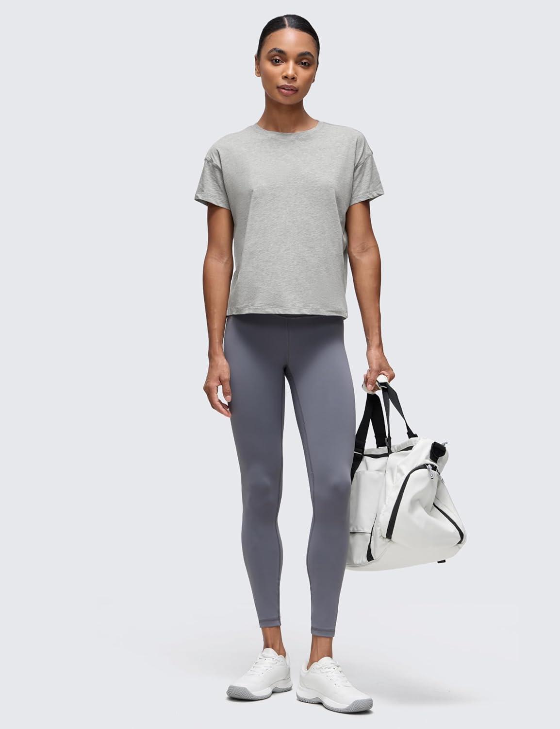imageCRZ YOGA Pima Cotton Relaxed TShirts for Women Workout Athletic Gym Casual Short Sleeve Shirts Basic Crewneck Hip TopsHeathered Medium Grey