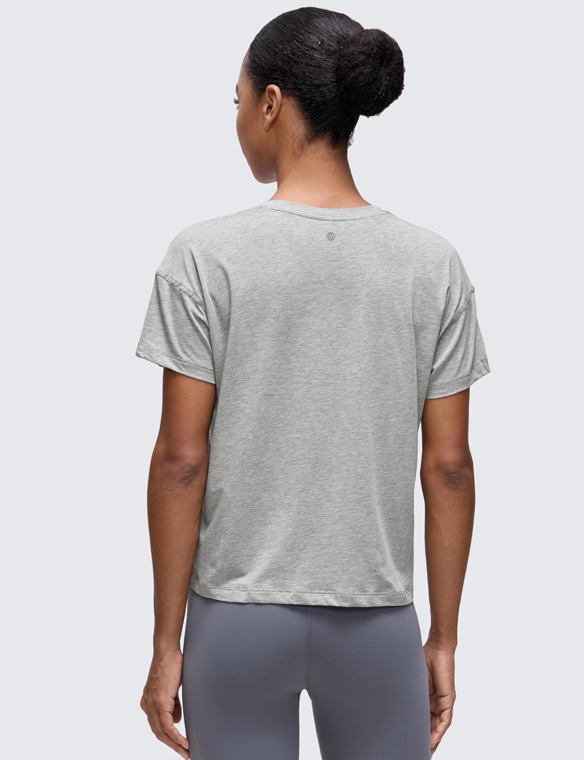imageCRZ YOGA Pima Cotton Relaxed TShirts for Women Workout Athletic Gym Casual Short Sleeve Shirts Basic Crewneck Hip TopsHeathered Medium Grey
