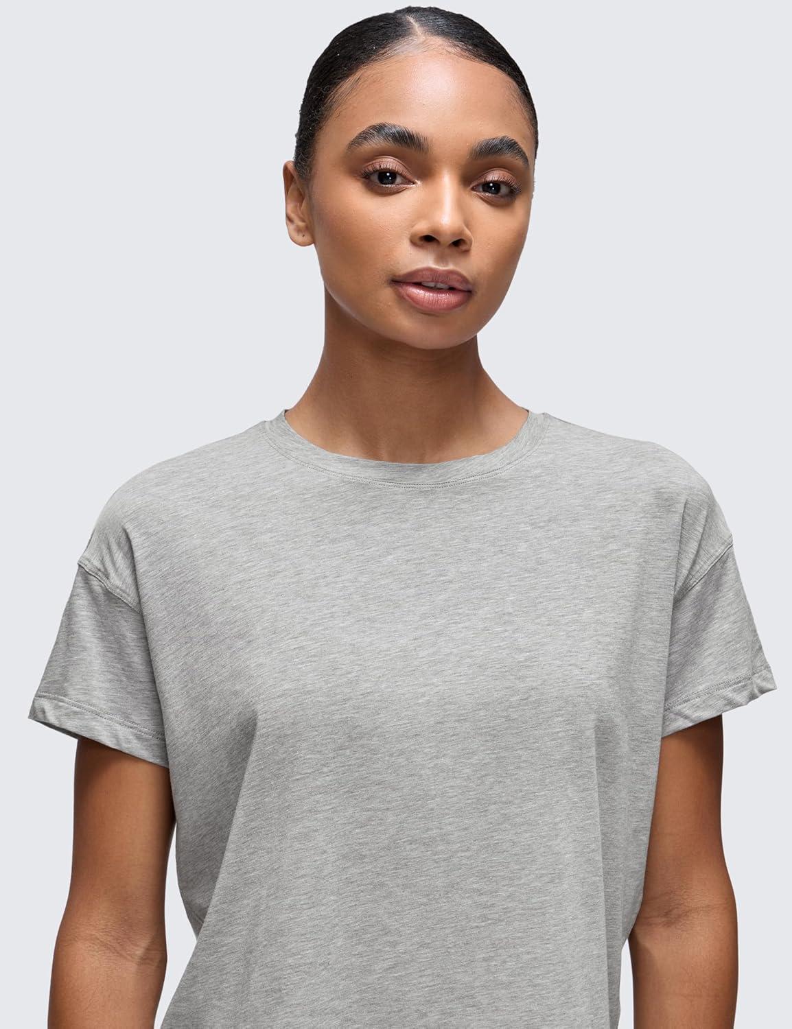 imageCRZ YOGA Pima Cotton Relaxed TShirts for Women Workout Athletic Gym Casual Short Sleeve Shirts Basic Crewneck Hip TopsHeathered Medium Grey