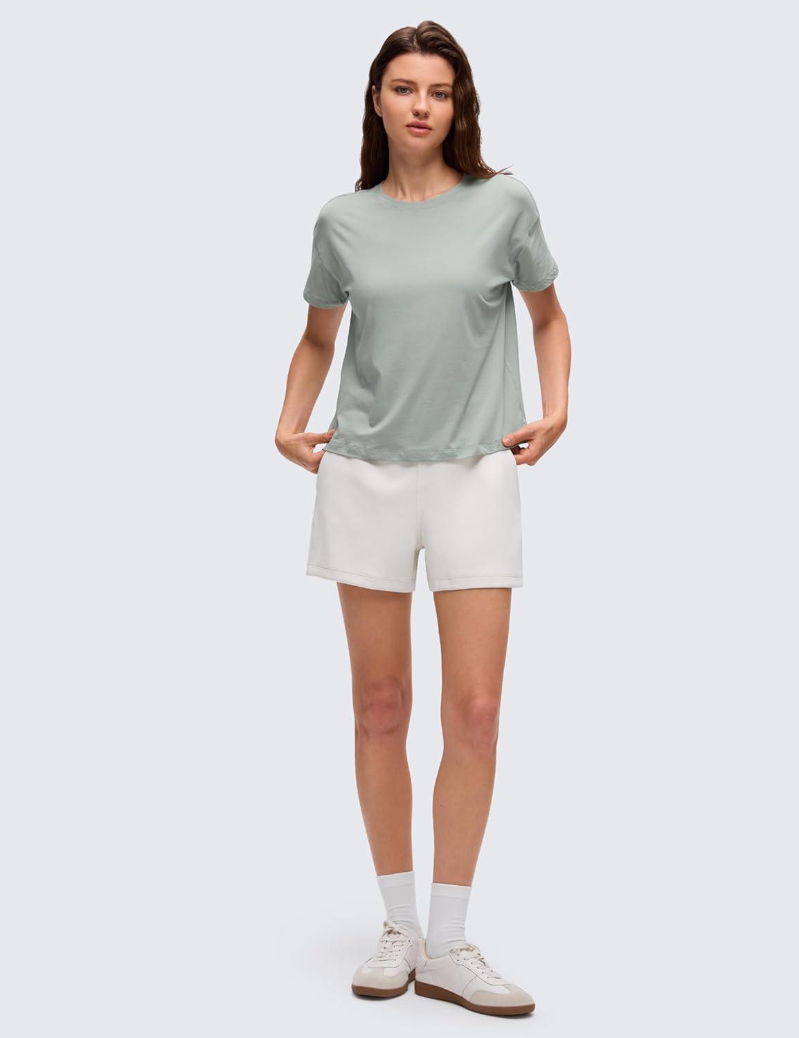 imageCRZ YOGA Pima Cotton Relaxed TShirts for Women Workout Athletic Gym Casual Short Sleeve Shirts Basic Crewneck Hip TopsJade Grey