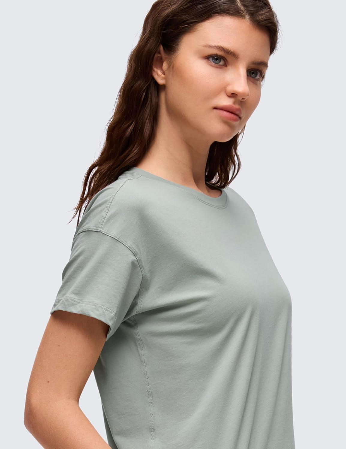 imageCRZ YOGA Pima Cotton Relaxed TShirts for Women Workout Athletic Gym Casual Short Sleeve Shirts Basic Crewneck Hip TopsJade Grey