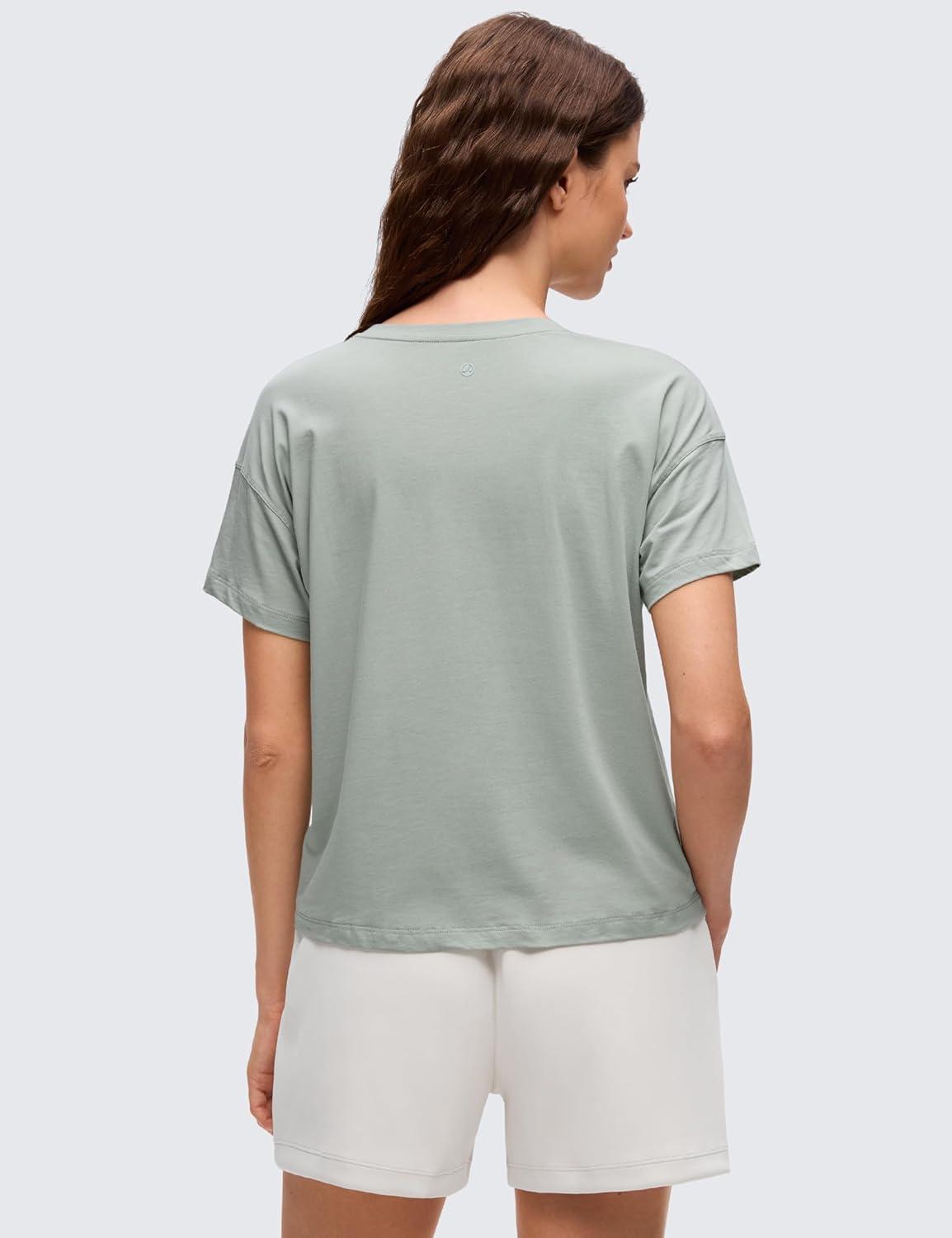 imageCRZ YOGA Pima Cotton Relaxed TShirts for Women Workout Athletic Gym Casual Short Sleeve Shirts Basic Crewneck Hip TopsJade Grey