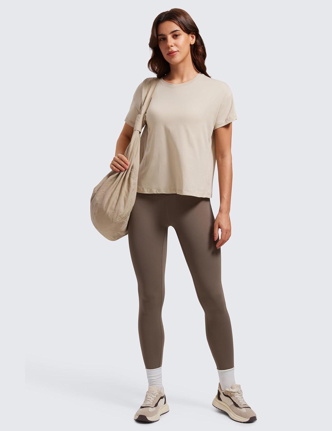 imageCRZ YOGA Pima Cotton Relaxed TShirts for Women Workout Athletic Gym Casual Short Sleeve Shirts Basic Crewneck Hip TopsMojave Tan