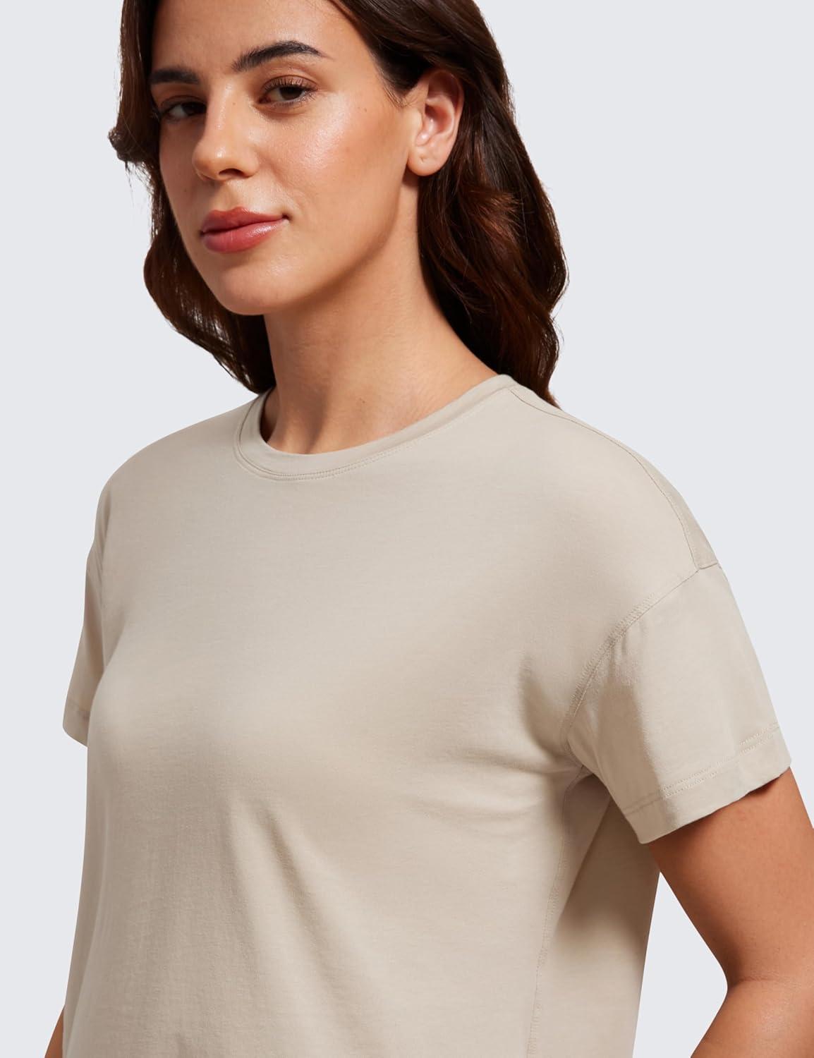 imageCRZ YOGA Pima Cotton Relaxed TShirts for Women Workout Athletic Gym Casual Short Sleeve Shirts Basic Crewneck Hip TopsMojave Tan