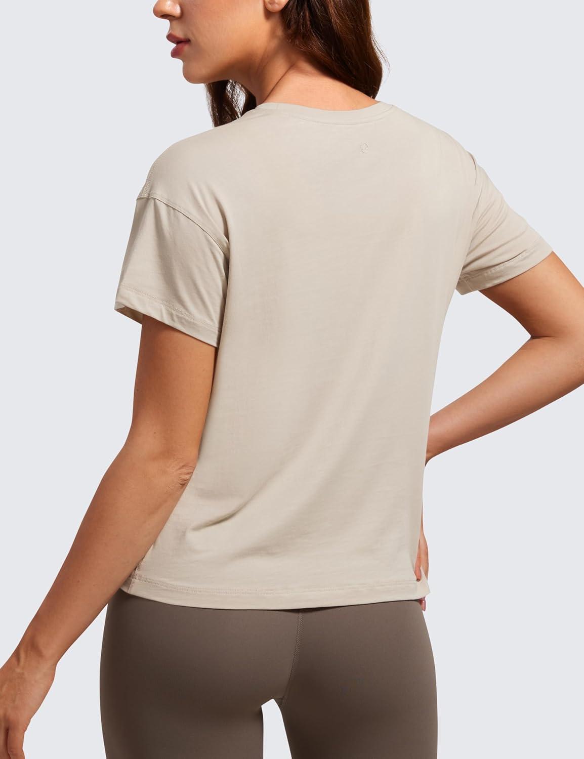 imageCRZ YOGA Pima Cotton Relaxed TShirts for Women Workout Athletic Gym Casual Short Sleeve Shirts Basic Crewneck Hip TopsMojave Tan