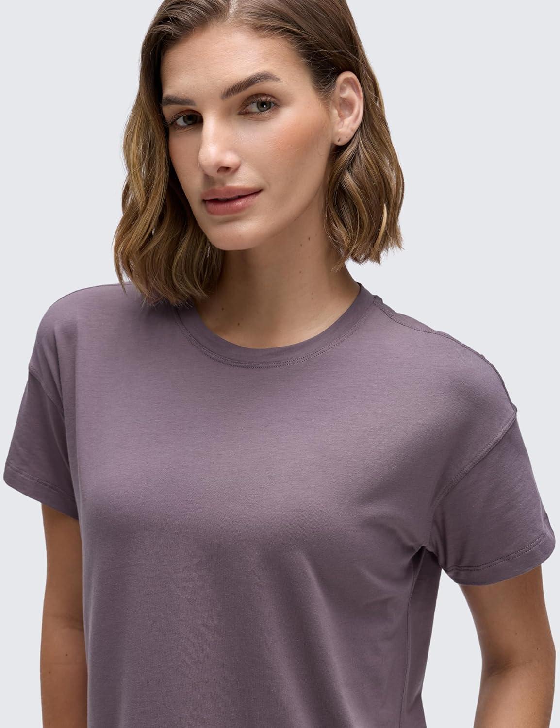 imageCRZ YOGA Pima Cotton Relaxed TShirts for Women Workout Athletic Gym Casual Short Sleeve Shirts Basic Crewneck Hip TopsPurple Gray