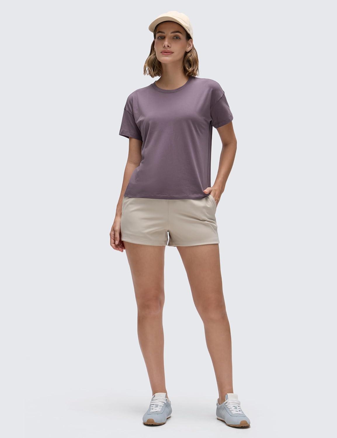 imageCRZ YOGA Pima Cotton Relaxed TShirts for Women Workout Athletic Gym Casual Short Sleeve Shirts Basic Crewneck Hip TopsPurple Gray