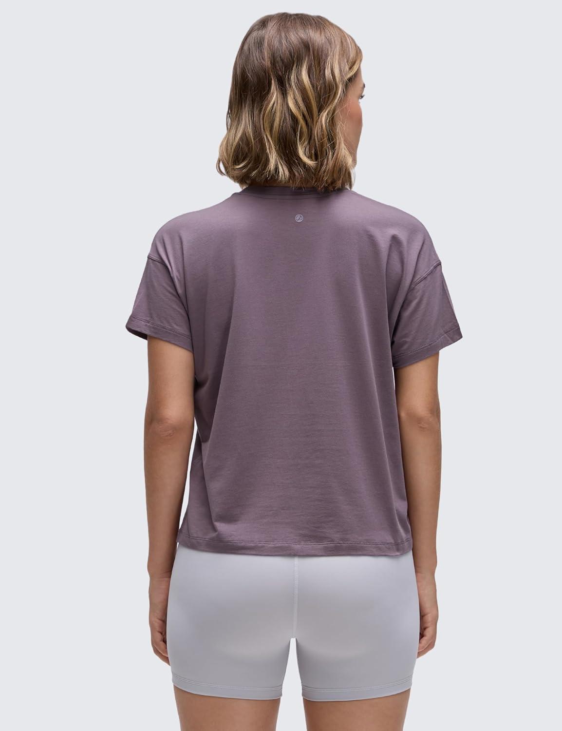imageCRZ YOGA Pima Cotton Relaxed TShirts for Women Workout Athletic Gym Casual Short Sleeve Shirts Basic Crewneck Hip TopsPurple Gray