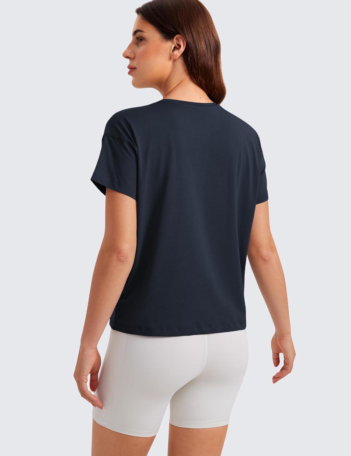 imageCRZ YOGA Pima Cotton Relaxed TShirts for Women Workout Athletic Gym Casual Short Sleeve Shirts Basic Crewneck Hip TopsTrue Navy