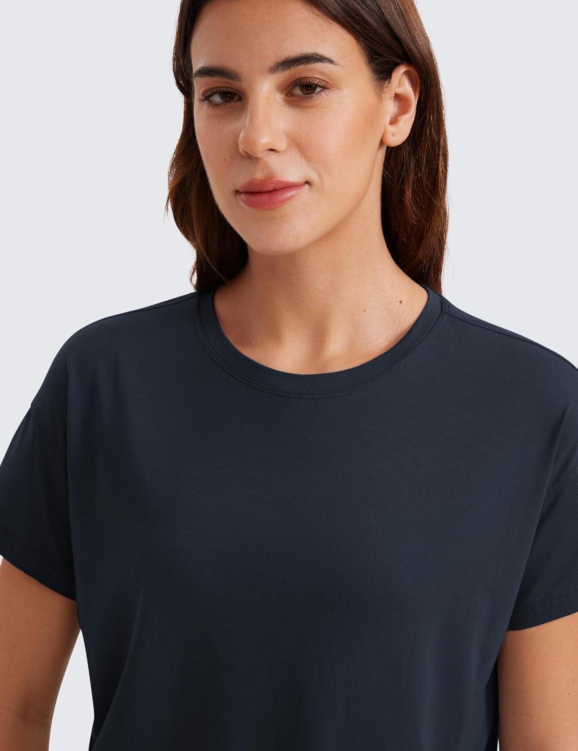 imageCRZ YOGA Pima Cotton Relaxed TShirts for Women Workout Athletic Gym Casual Short Sleeve Shirts Basic Crewneck Hip TopsTrue Navy