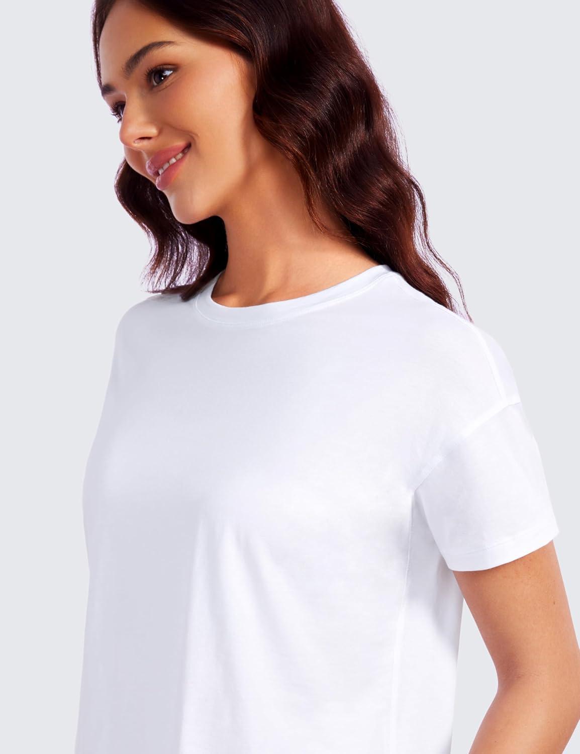 imageCRZ YOGA Pima Cotton Relaxed TShirts for Women Workout Athletic Gym Casual Short Sleeve Shirts Basic Crewneck Hip TopsWhite