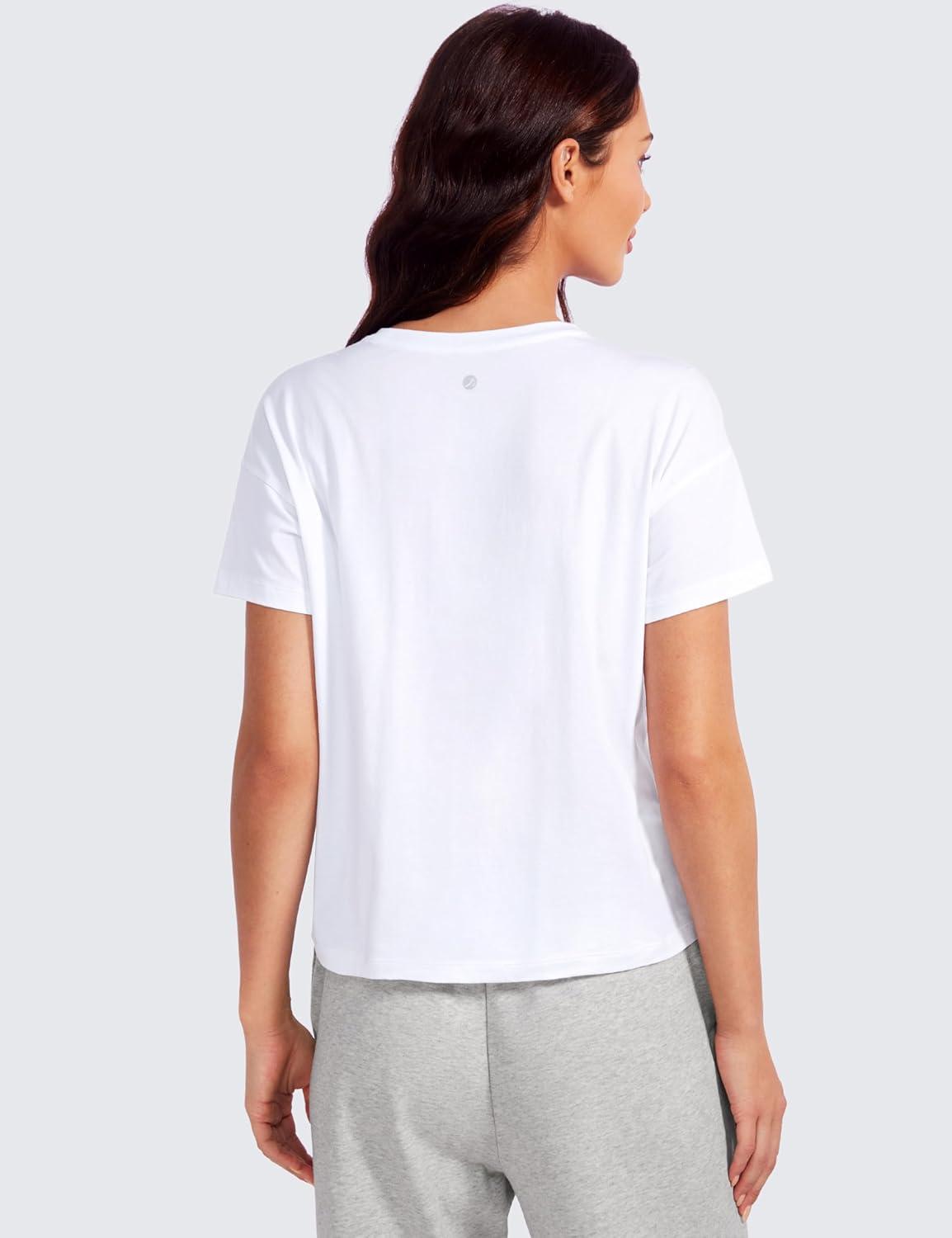 imageCRZ YOGA Pima Cotton Relaxed TShirts for Women Workout Athletic Gym Casual Short Sleeve Shirts Basic Crewneck Hip TopsWhite