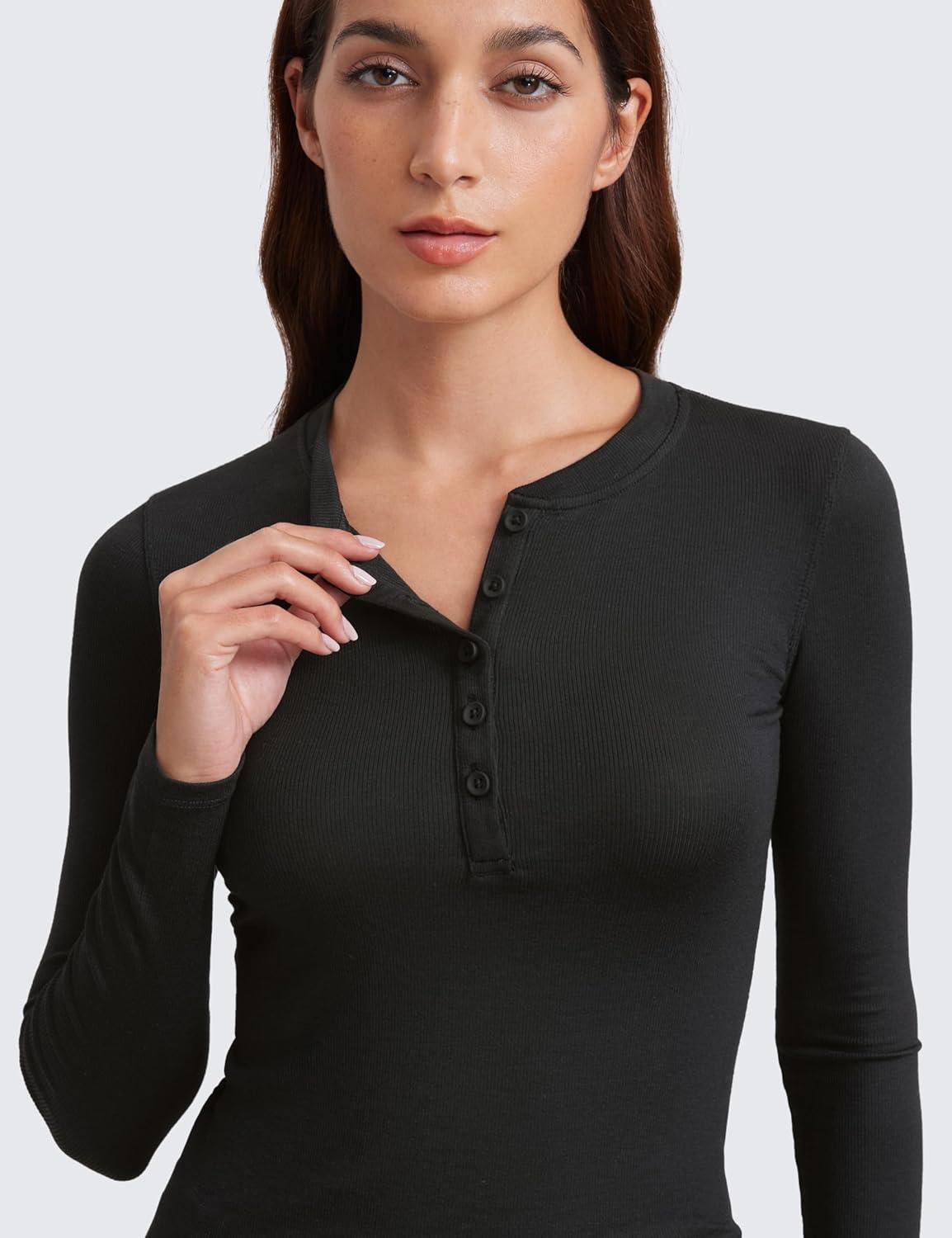 imageCRZ YOGA Ribbed Modal Henley Shirts for Women Comfort Casual Knit Long Sleeve Tops Soft Stretchy Basic Fitted LayeringBlack