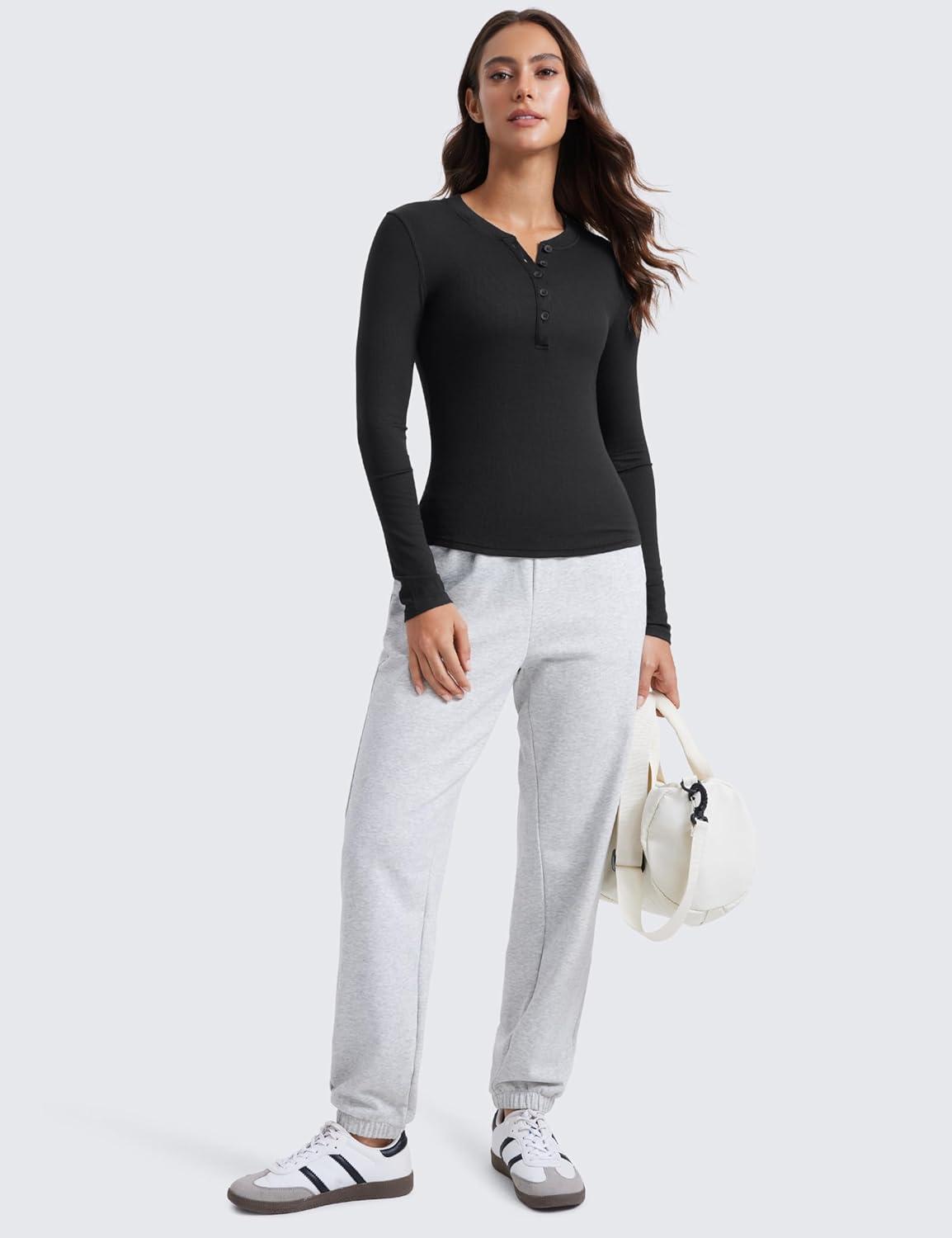 imageCRZ YOGA Ribbed Modal Henley Shirts for Women Comfort Casual Knit Long Sleeve Tops Soft Stretchy Basic Fitted LayeringBlack