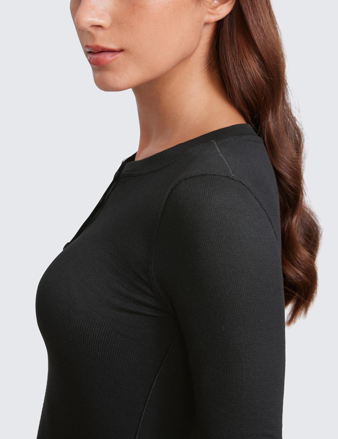 imageCRZ YOGA Ribbed Modal Henley Shirts for Women Comfort Casual Knit Long Sleeve Tops Soft Stretchy Basic Fitted LayeringBlack