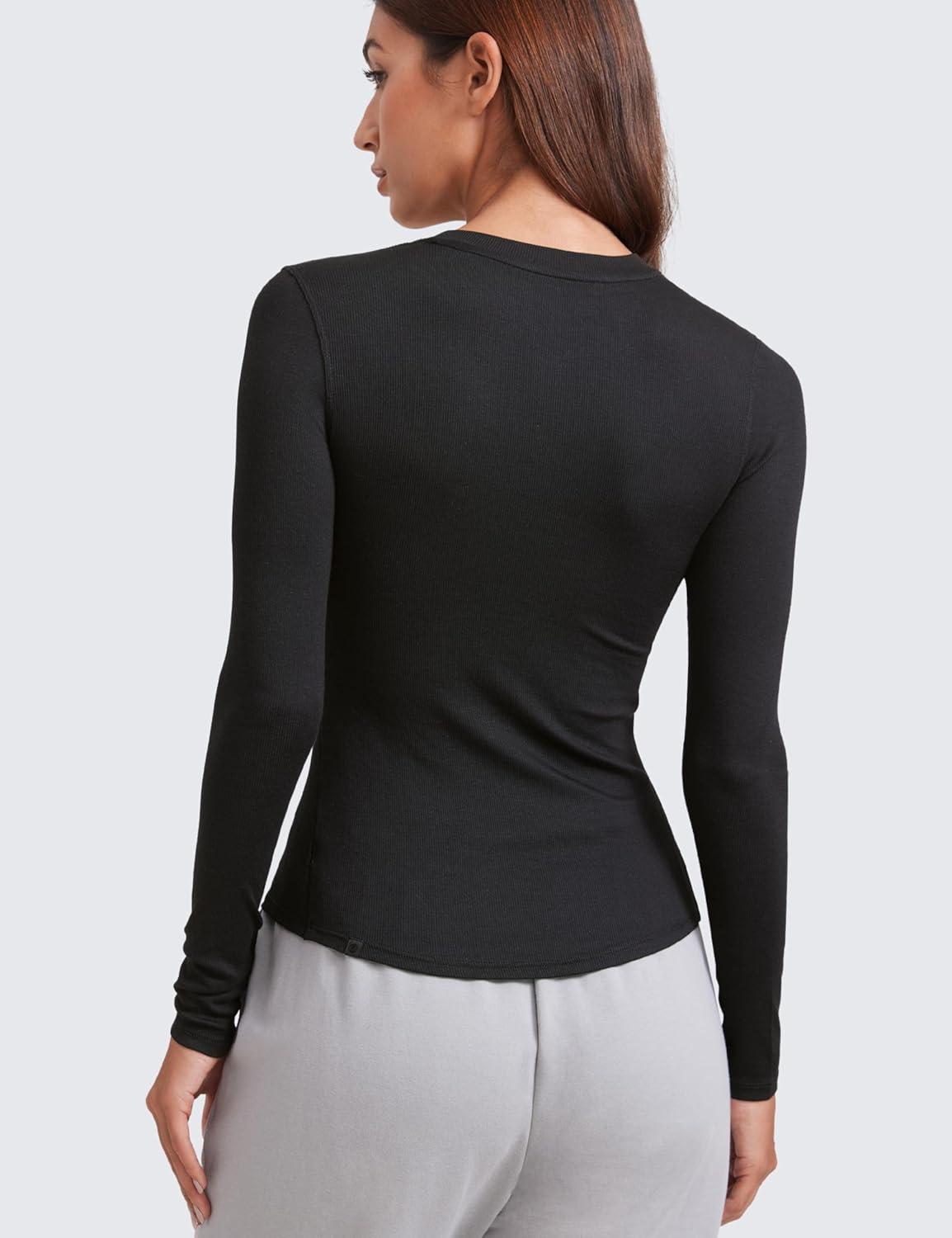 imageCRZ YOGA Ribbed Modal Henley Shirts for Women Comfort Casual Knit Long Sleeve Tops Soft Stretchy Basic Fitted LayeringBlack