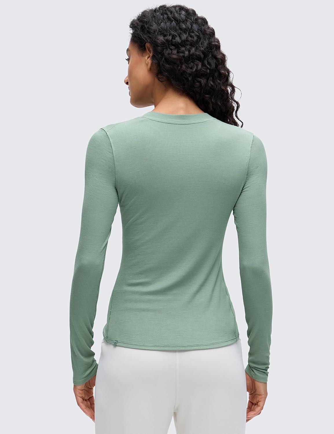 imageCRZ YOGA Ribbed Modal Henley Shirts for Women Comfort Casual Knit Long Sleeve Tops Soft Stretchy Basic Fitted LayeringGreen Palm Court