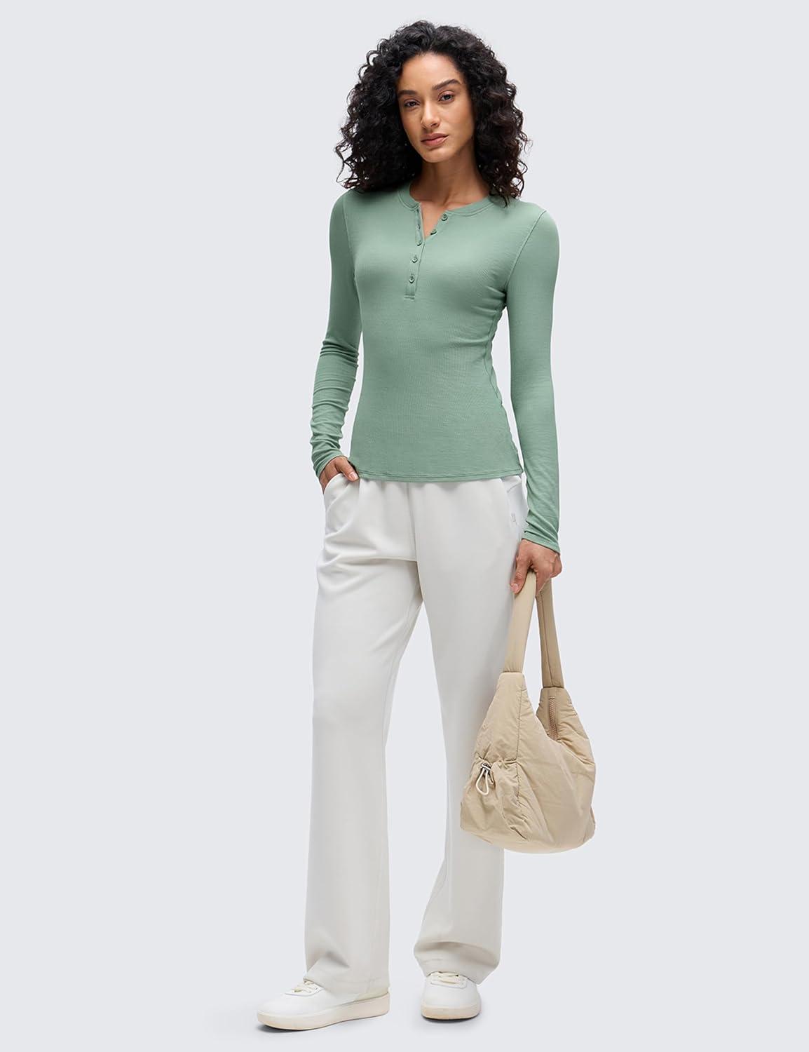 imageCRZ YOGA Ribbed Modal Henley Shirts for Women Comfort Casual Knit Long Sleeve Tops Soft Stretchy Basic Fitted LayeringGreen Palm Court