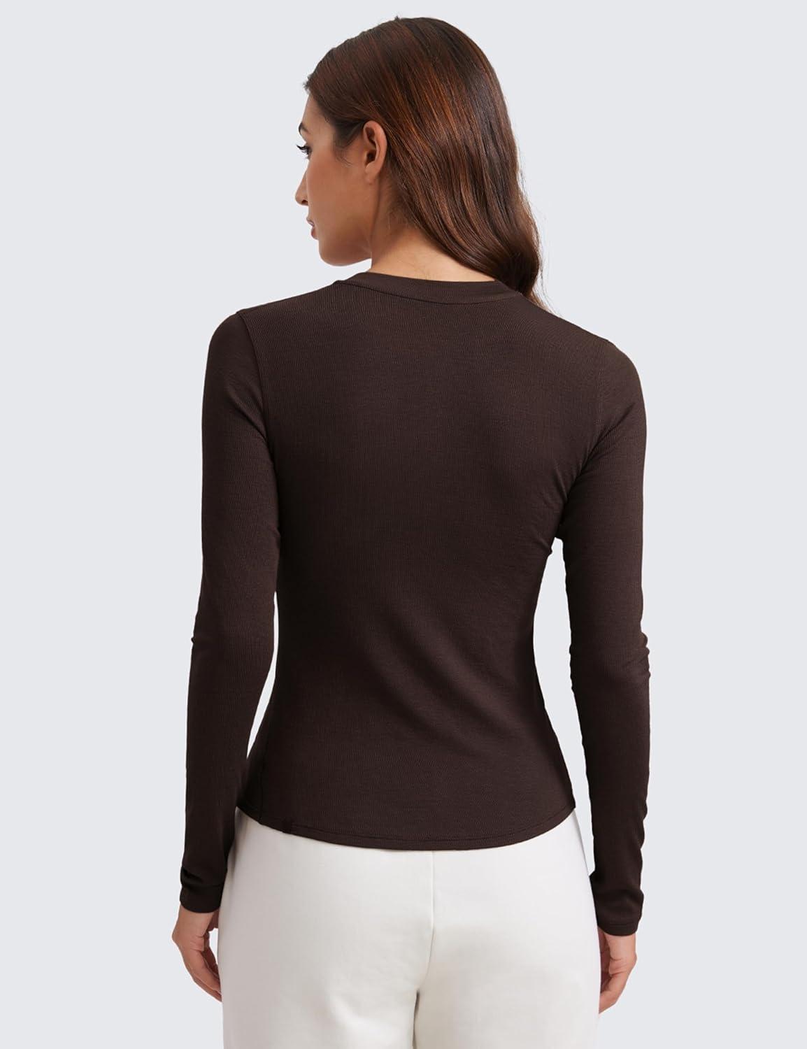 imageCRZ YOGA Ribbed Modal Henley Shirts for Women Comfort Casual Knit Long Sleeve Tops Soft Stretchy Basic Fitted LayeringHot Fudge Brown