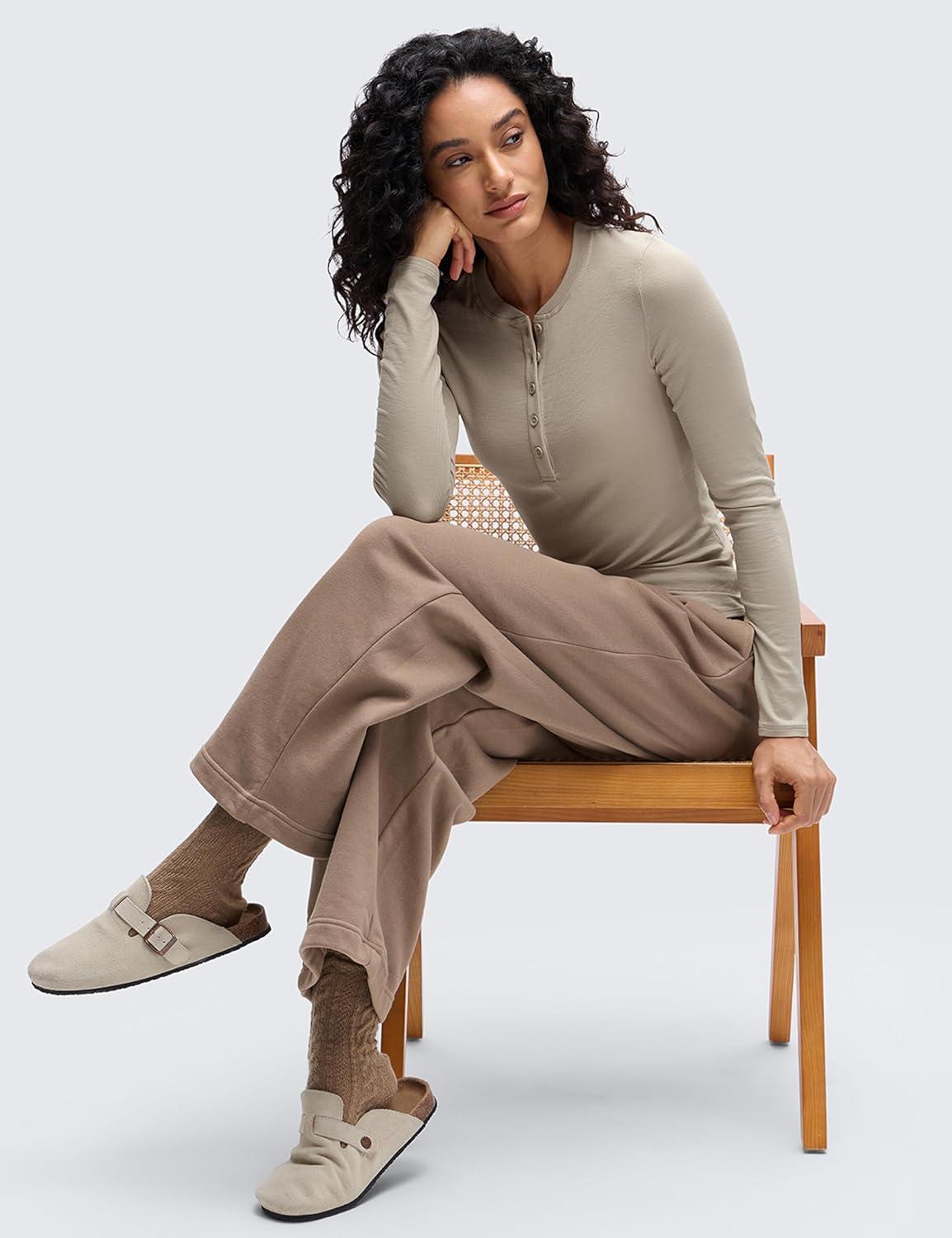 imageCRZ YOGA Ribbed Modal Henley Shirts for Women Comfort Casual Knit Long Sleeve Tops Soft Stretchy Basic Fitted LayeringMojave Tan