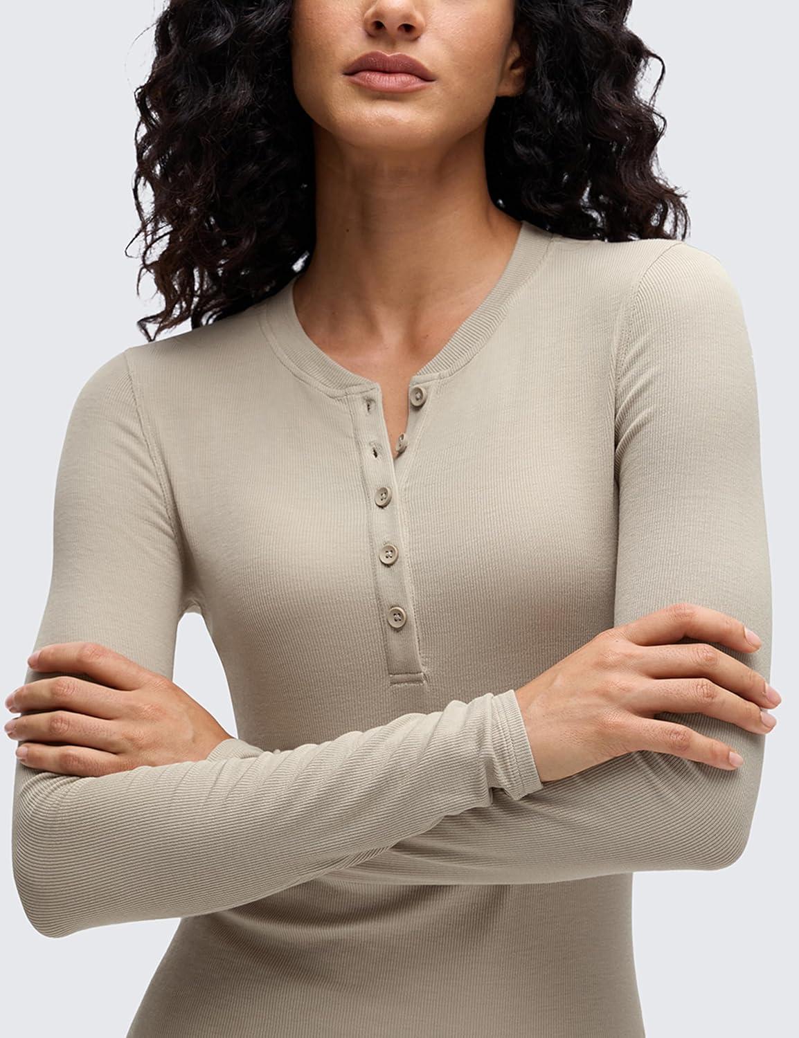 imageCRZ YOGA Ribbed Modal Henley Shirts for Women Comfort Casual Knit Long Sleeve Tops Soft Stretchy Basic Fitted LayeringMojave Tan