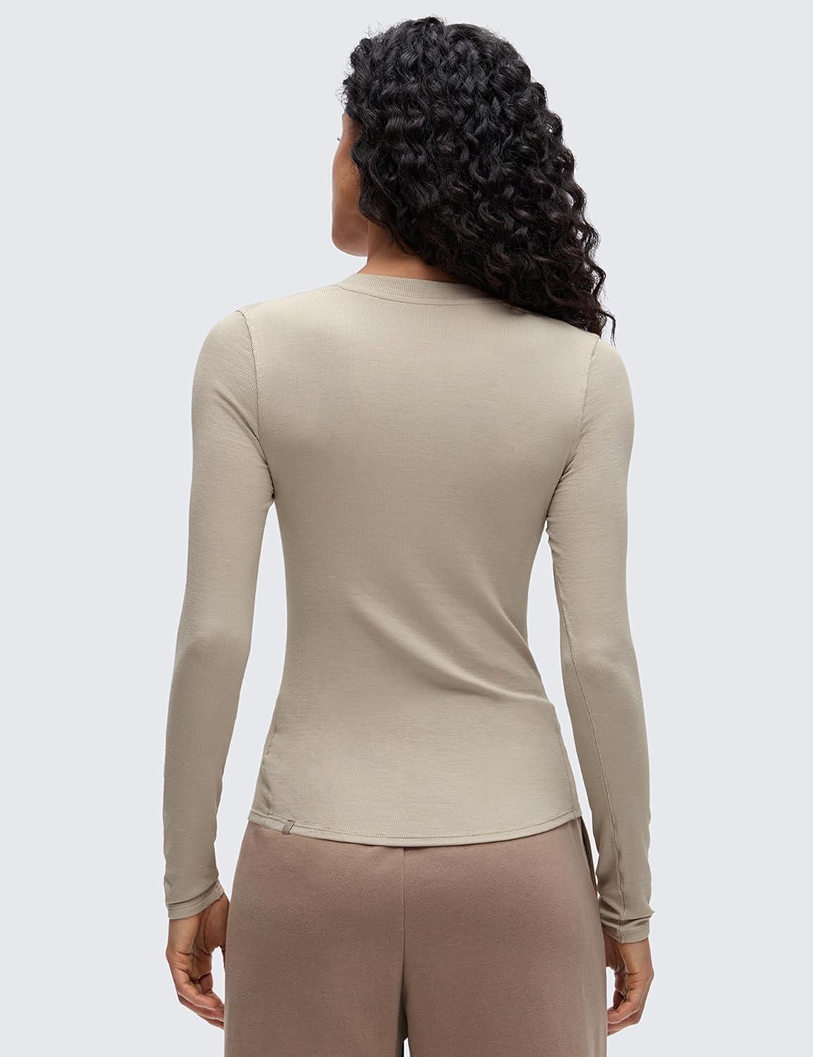 imageCRZ YOGA Ribbed Modal Henley Shirts for Women Comfort Casual Knit Long Sleeve Tops Soft Stretchy Basic Fitted LayeringMojave Tan