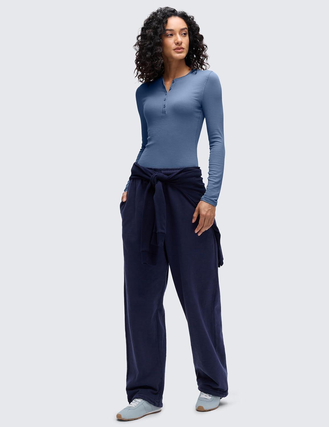 imageCRZ YOGA Ribbed Modal Henley Shirts for Women Comfort Casual Knit Long Sleeve Tops Soft Stretchy Basic Fitted LayeringOasis Blue