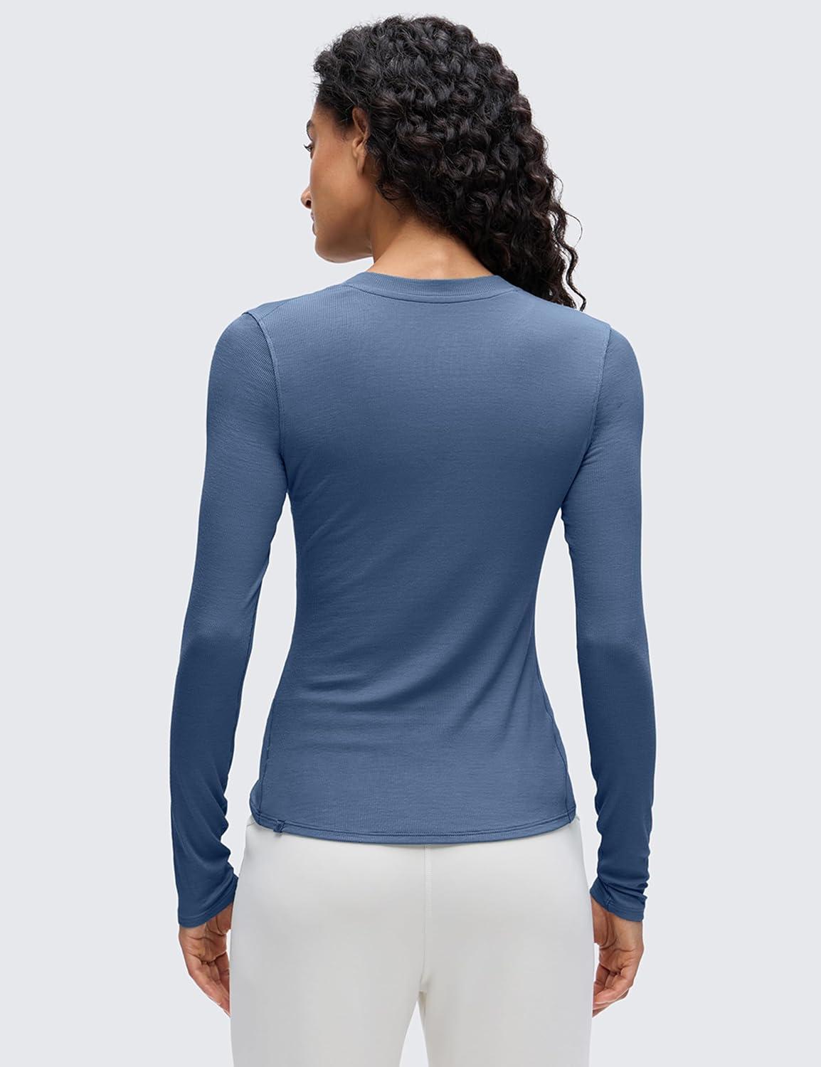 imageCRZ YOGA Ribbed Modal Henley Shirts for Women Comfort Casual Knit Long Sleeve Tops Soft Stretchy Basic Fitted LayeringOasis Blue