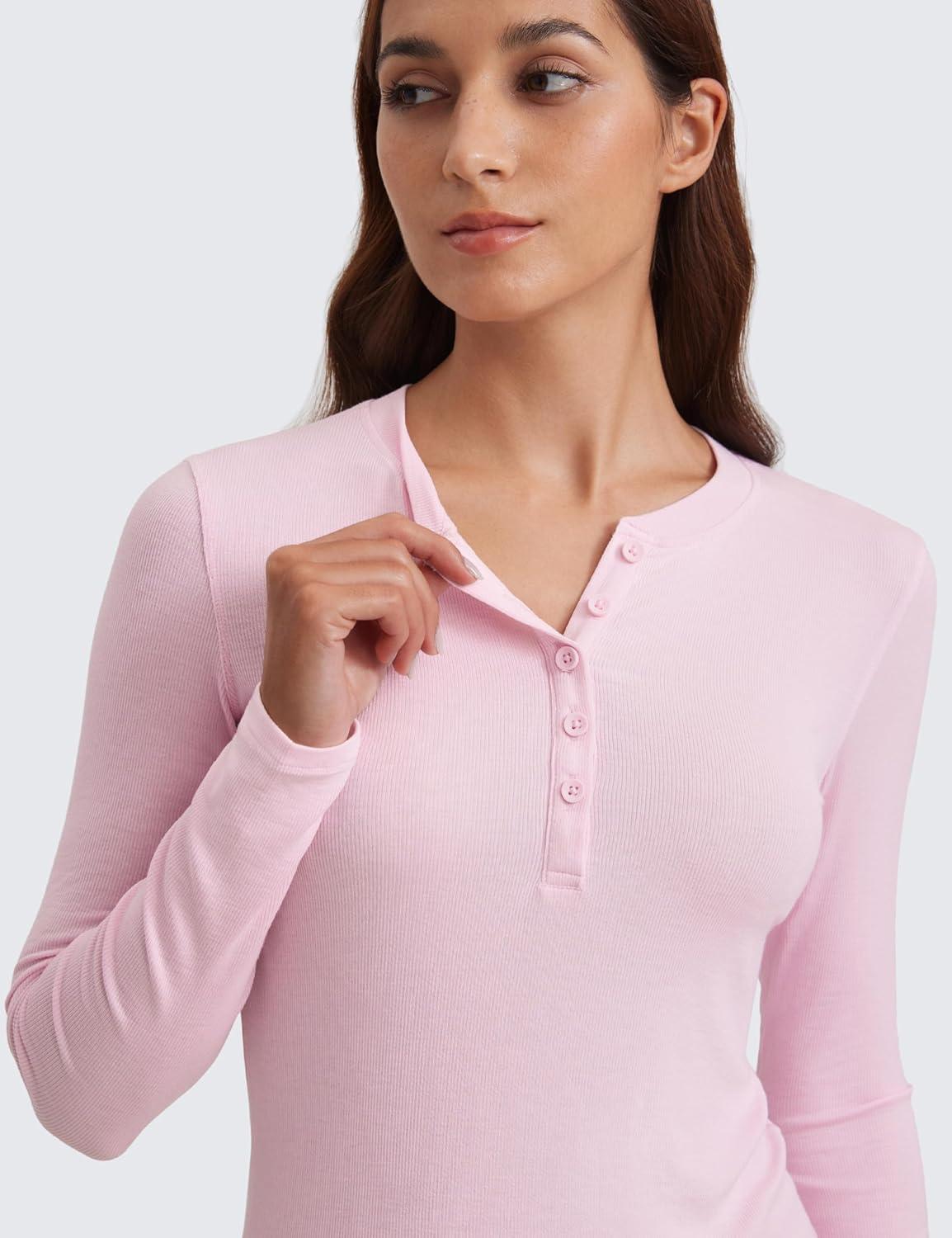 imageCRZ YOGA Ribbed Modal Henley Shirts for Women Comfort Casual Knit Long Sleeve Tops Soft Stretchy Basic Fitted LayeringPink Peony