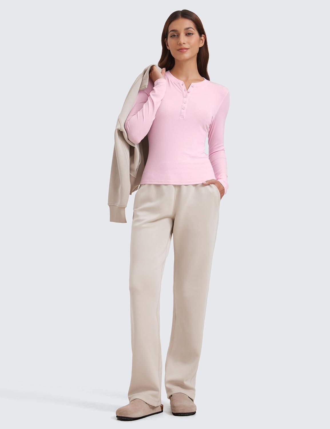 imageCRZ YOGA Ribbed Modal Henley Shirts for Women Comfort Casual Knit Long Sleeve Tops Soft Stretchy Basic Fitted LayeringPink Peony