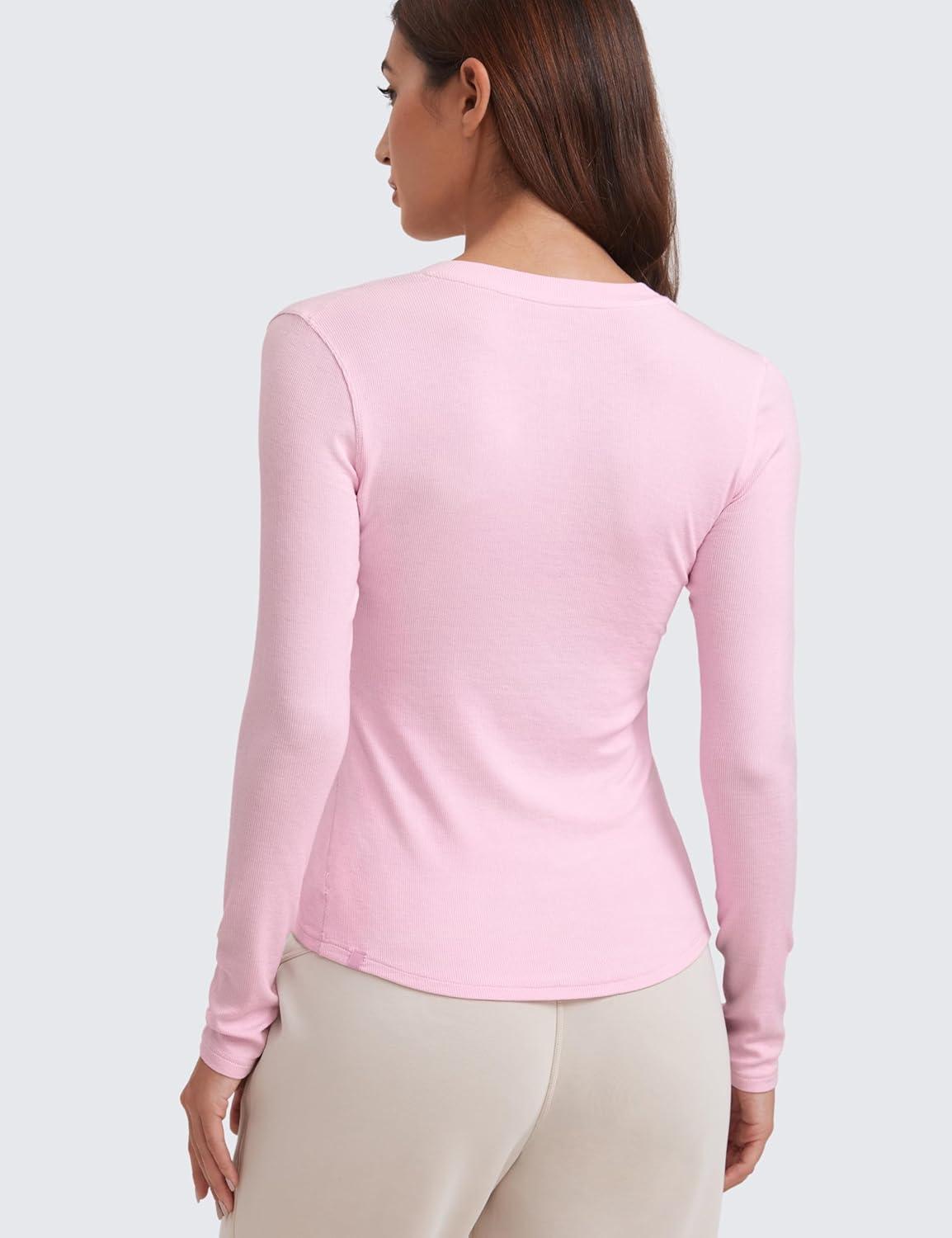 imageCRZ YOGA Ribbed Modal Henley Shirts for Women Comfort Casual Knit Long Sleeve Tops Soft Stretchy Basic Fitted LayeringPink Peony